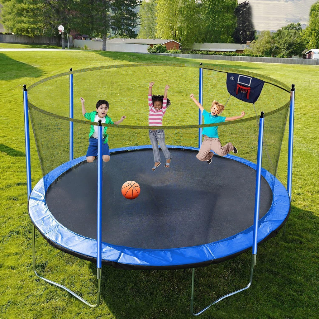 1500LBS 16FT 15FT 14FT 12 FT 10FT 8FT Tranpoline for Kids and Adults with Sprinkler, Lights with Music Speaker, Socks, Water Ball, Heavy Duty Outdoor Tranpoline with Net Enclosure and Ladder