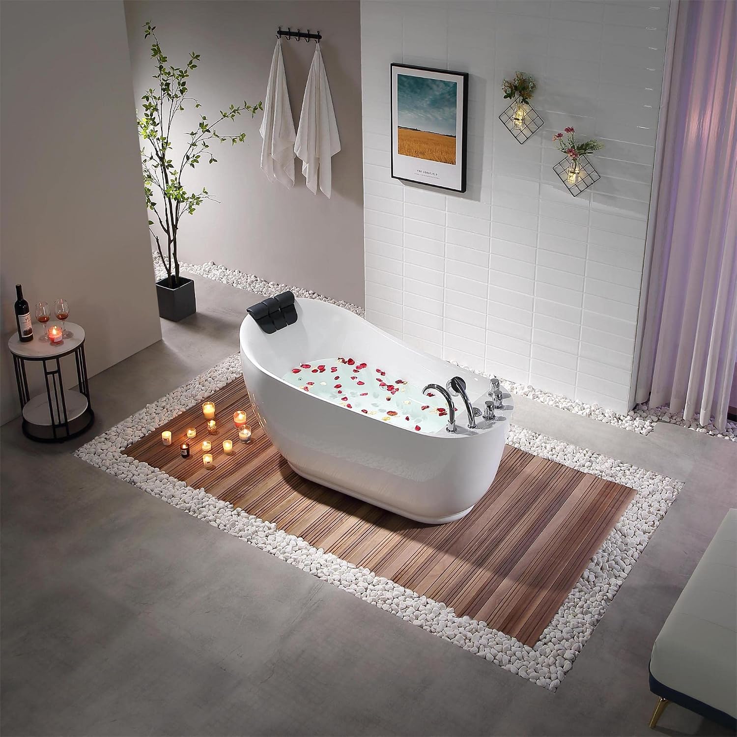 Empava 59 in. Acrylic Freestanding Tub Hydromassage Gracefully Oval Shaped Whirlpool 7 Water Jets Soaking SPA, Single-Ended Massage Bathtub with Black Pillow , White