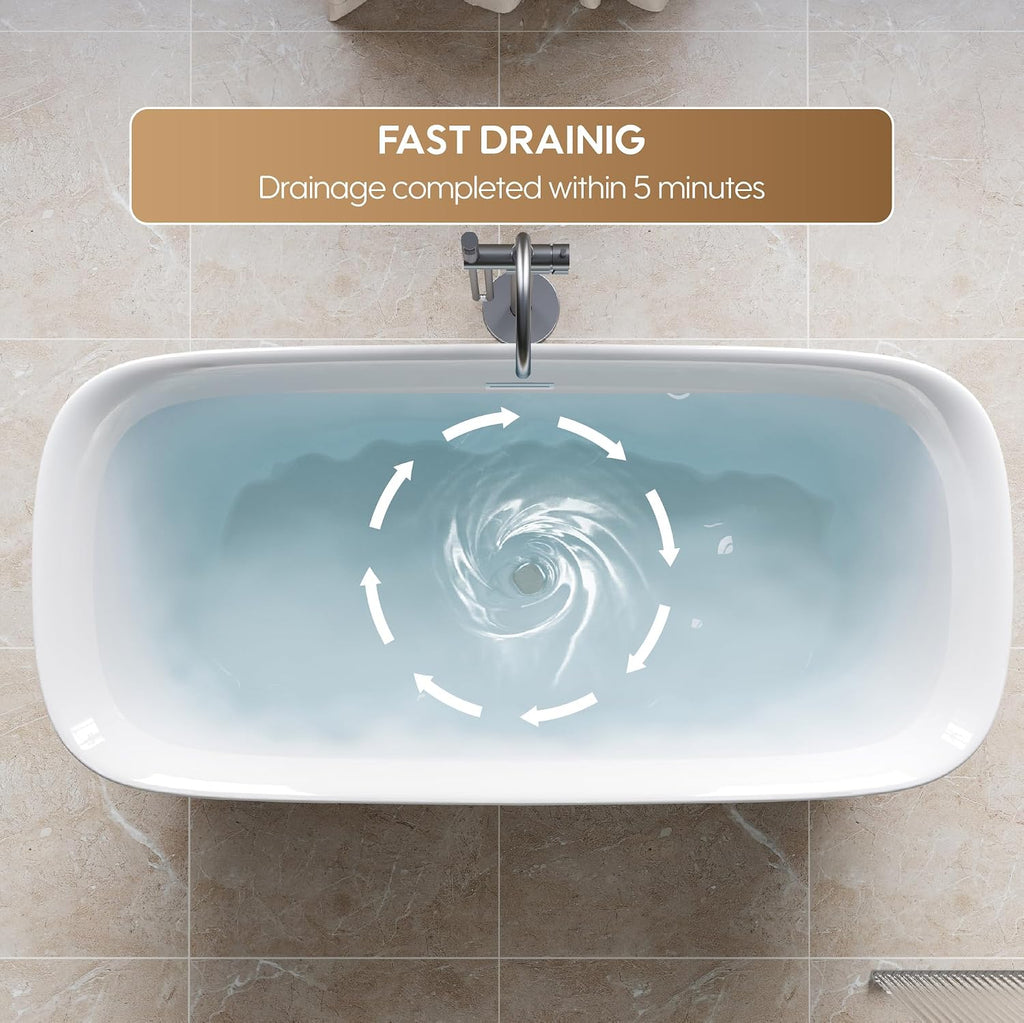 WELLFOR 67'Freestanding Acrylic Bathtub with Drain and Integrated Slotted Overflow, Glossy White 74 Gallons Capacity Soaking Bath Tub with Predrilled Overflow Holes, Soaking Bath Tub Oval Shape