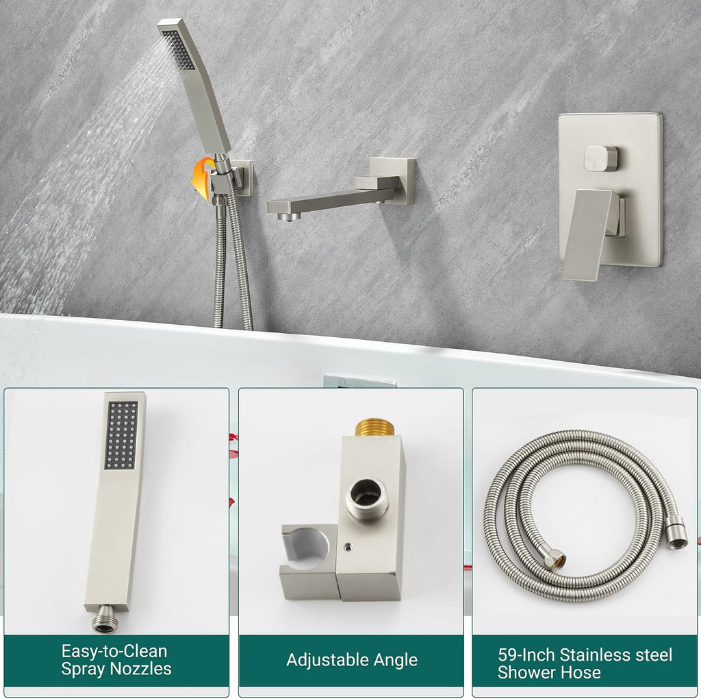 DASAN Swiveling Wall Mount Tub Filler Faucet Set with Hand Held Shower, Brushed Nickel Modern Creative Bathtub Faucet Wall Mounted Bath Tub Faucet with High Flow Rough in Valve, SA-TF05WH-BN