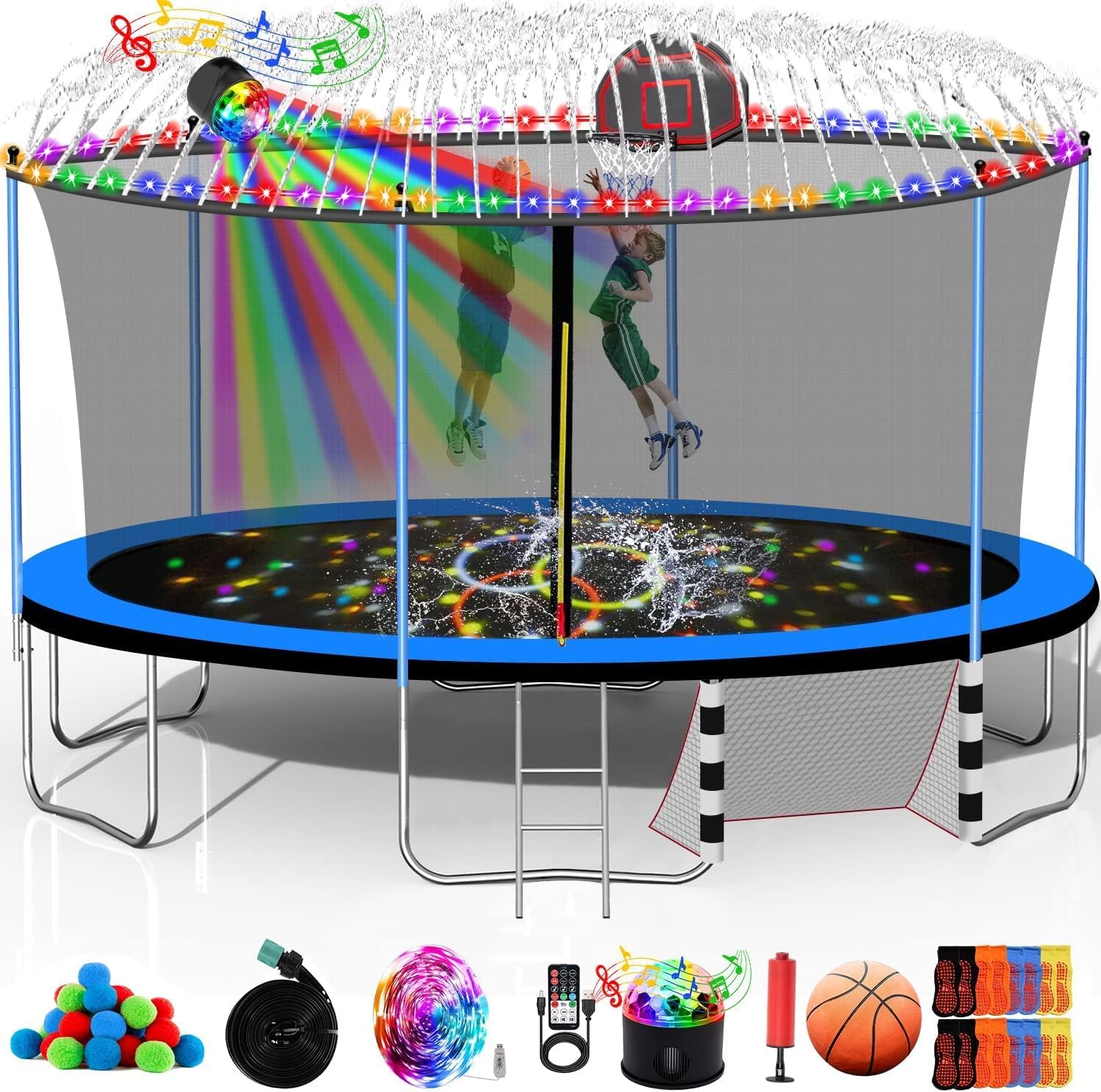 1500LBS 16FT 15FT 14FT 12 FT 10FT 8FT Tranpoline for Kids and Adults with Sprinkler, Lights with Music Speaker, Socks, Water Ball, Heavy Duty Outdoor Tranpoline with Net Enclosure and Ladder