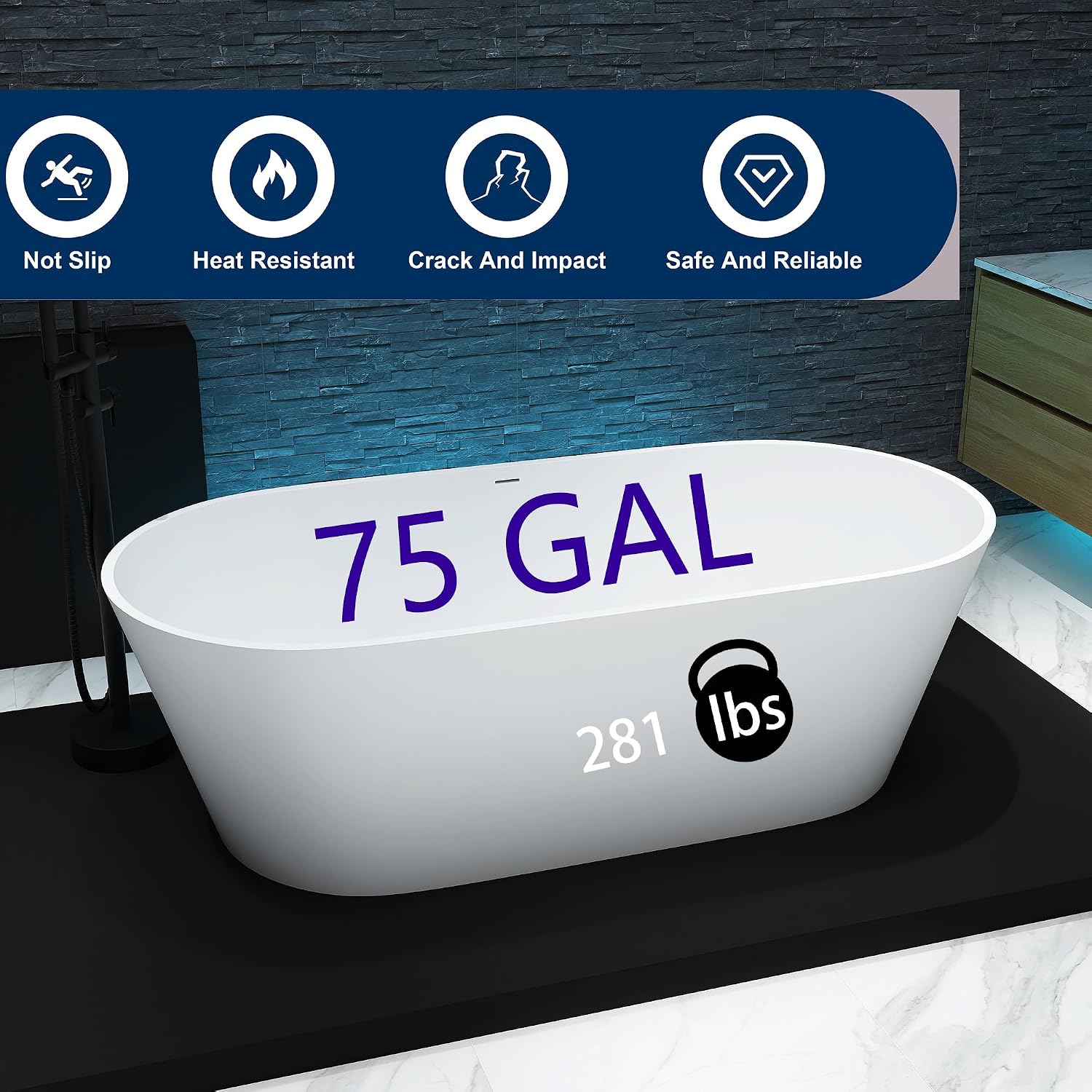 63'' Freestanding Bathtub Solid Surface Matte Bathroom Bathtub Soaking Tubs Resin Stone Bathtubs Oval Soak Tubs with Overflow and Pop-up Drain - White…