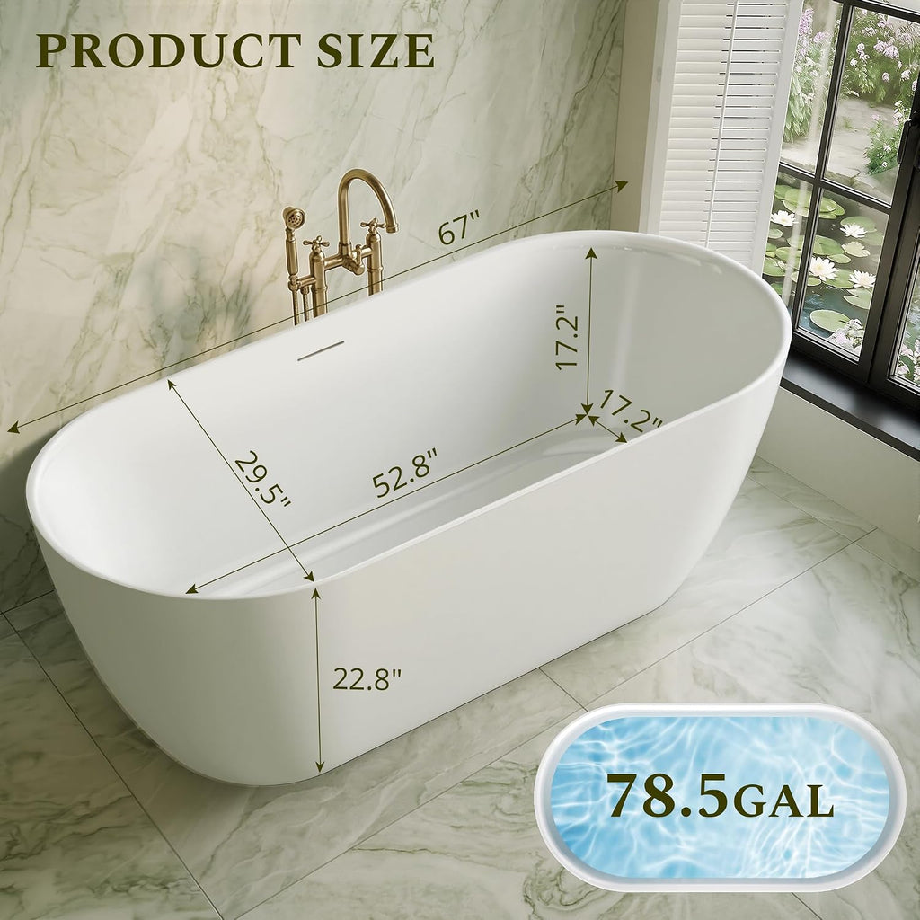 67' Freestanding Bathtub, Modern Oval Acrylic Soaking Tub with Overflow & Shower Function, Deep Standalone Tub with cUPC Certification, Double-Walled Insulation, (White 67Inch)