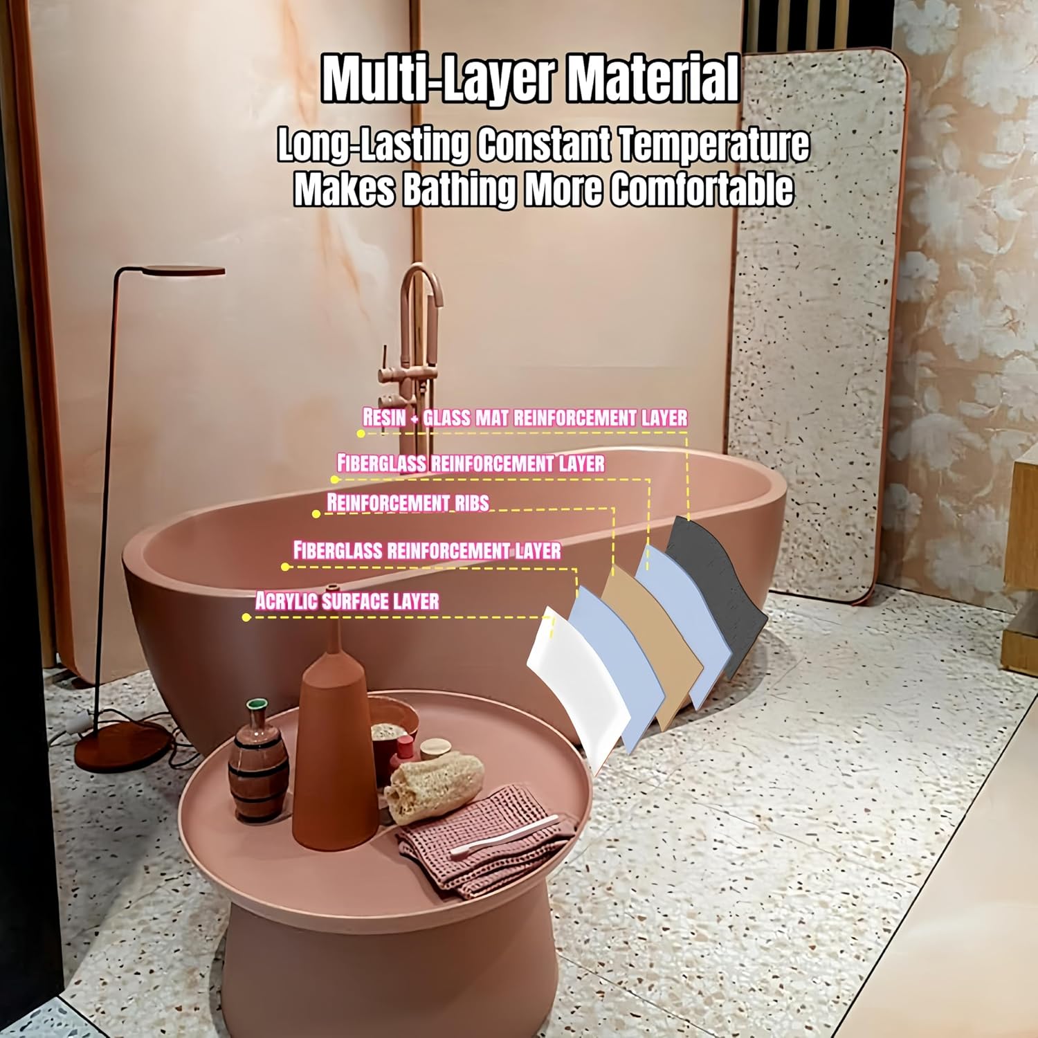 52' Edeyeu Freestanding Bathtub - Modern Soaker Tub with Elegant Aesthetic Design, Extra Deep Stand Alone Tub, with Drain, Suitable for Apartments, Villas and Hotels Pink B