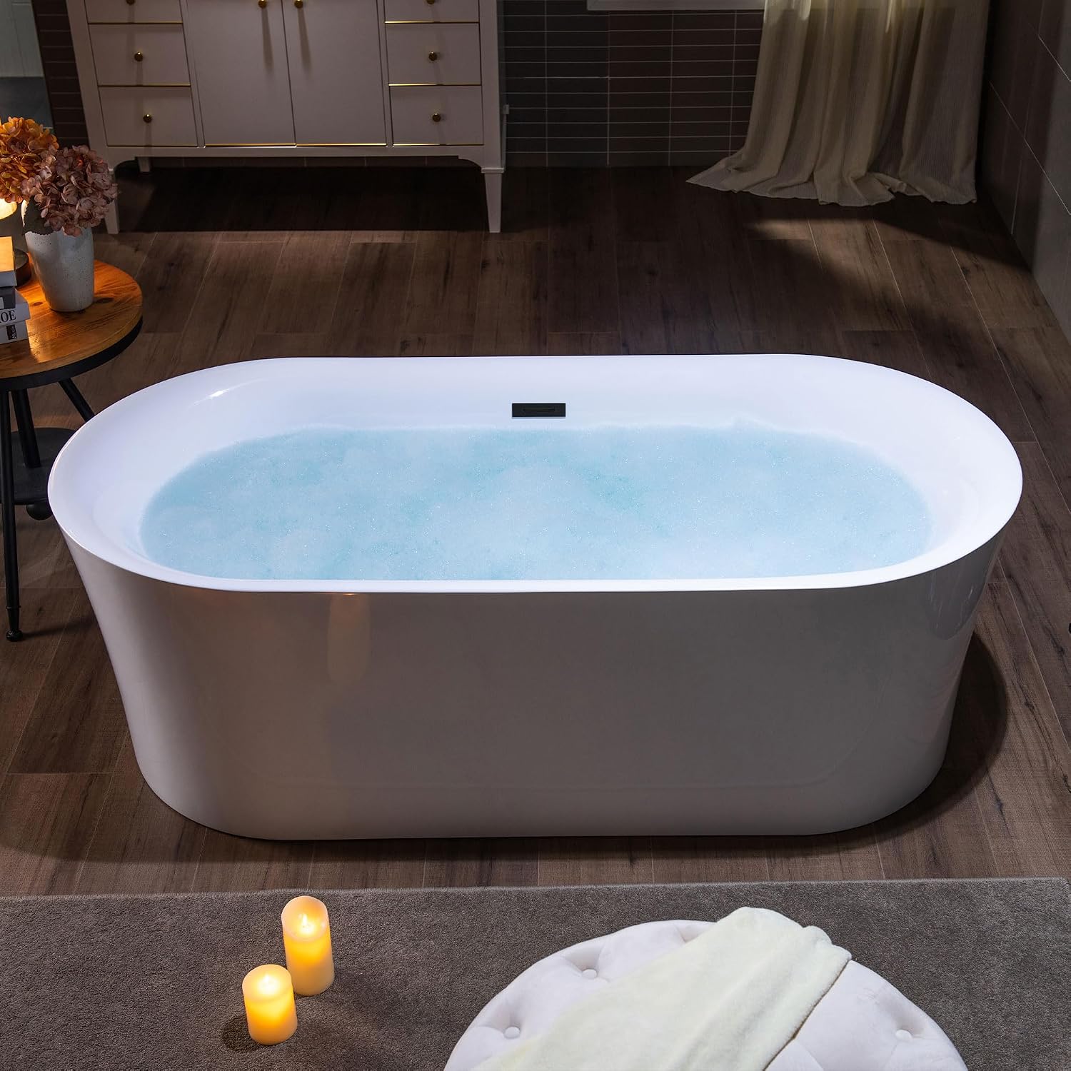 WOODBRIDGE 67' Acrylic Freestanding Bathtub Contemporary Soaking Tub with Matte Black Overflow and Drain,White Tub