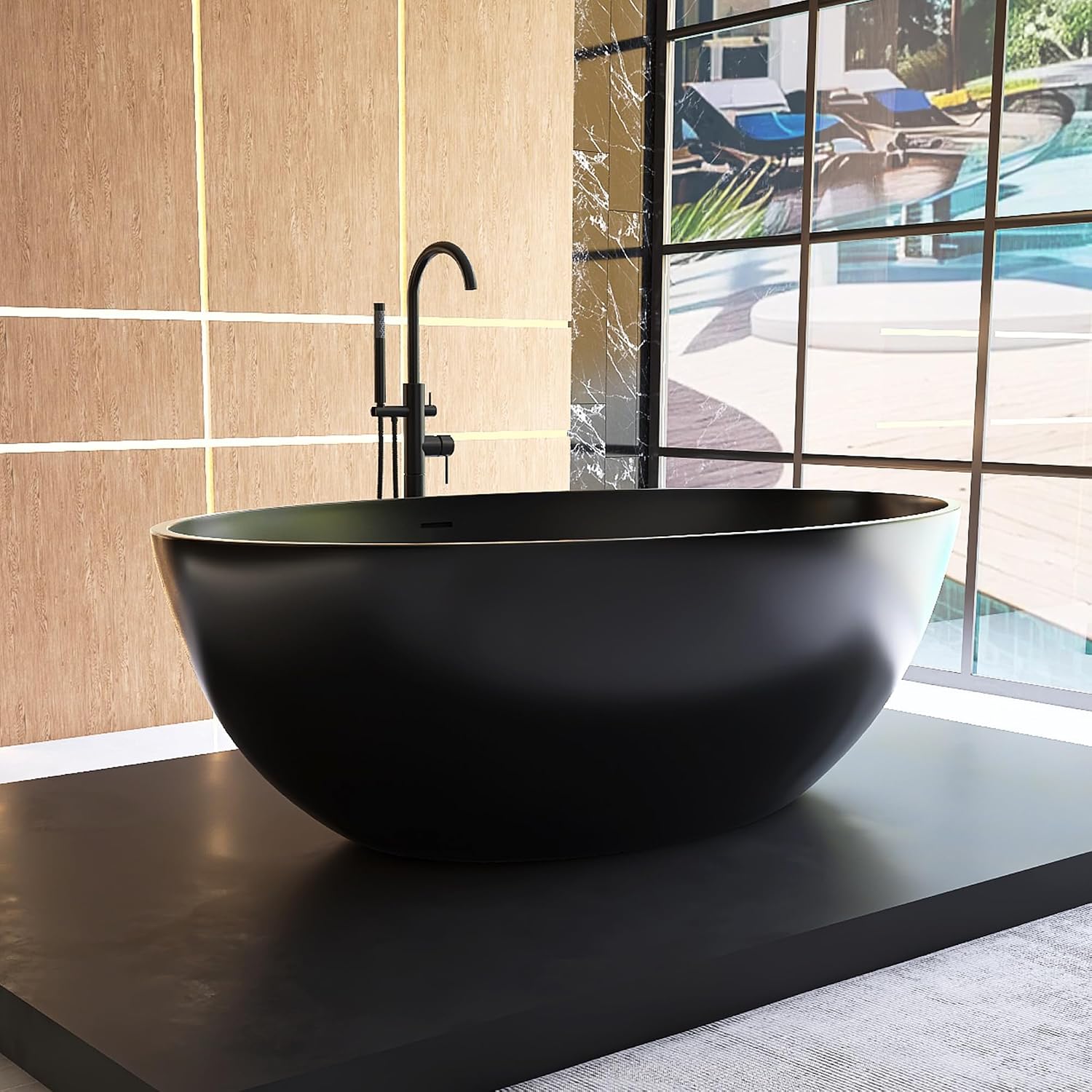 Oval 67' Freestanding Tub, Solid Surface Bathtub Matte Black | Stone Resin, Overflow and Pop up Drain, Solid Surface Bathroom Soaking Tub, Cupc Certified, Contemporary