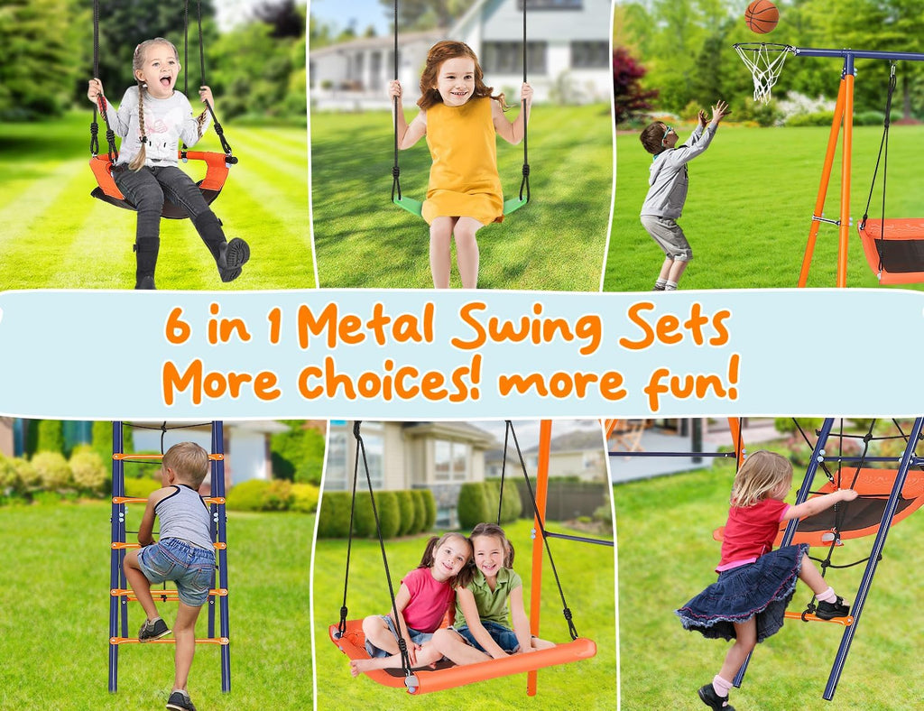 Swing Sets for Backyard, 6 in 1 Swing Set Outdoor for Kids 3-12, 700 lbs Heavy Duty Metal Toddler Playset Swingset for Playground with 3 Adjustable Swings, Basketball Hoop, Climbing Ladder and Nets