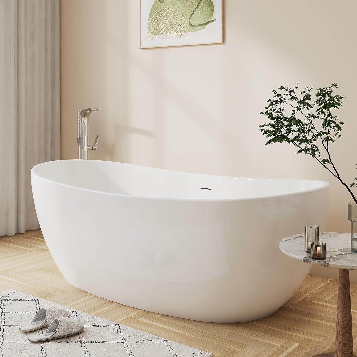 65'' Freestanding White Acrylic Bathtub, Oval Soaking Tub