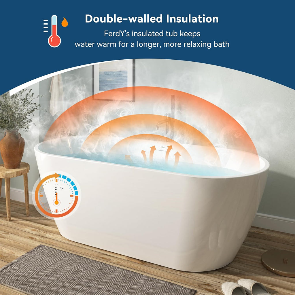 FerdY 67' Acrylic Freestanding Bathtub, Contemporary Soaking tub with Matte Black Drain & Overflow, cUPC Certified, Elegant Oval Shape, Bali