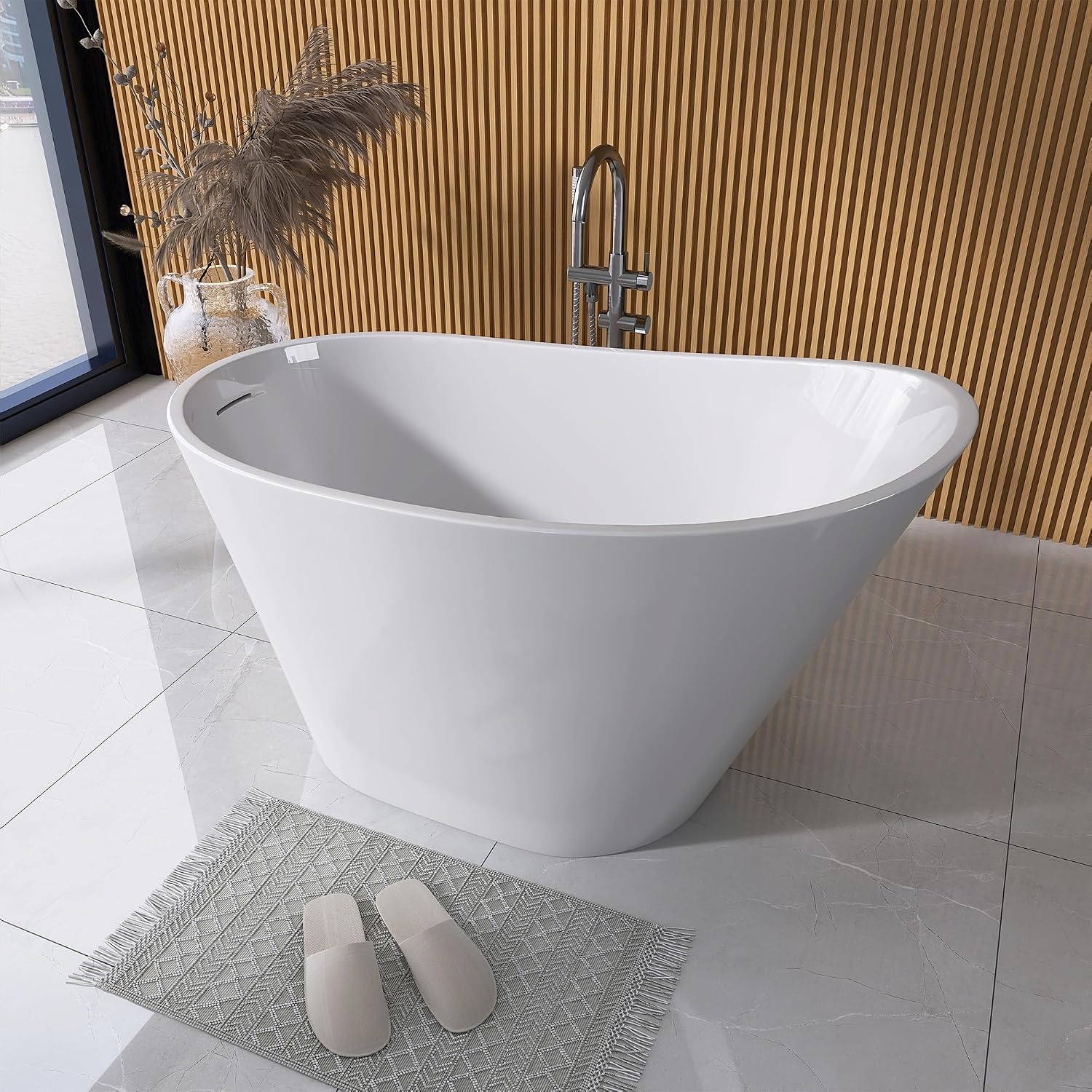 GETPRO Free Standing Tub 51' Deep Soaking Bath Tub, Oval Shape Acrylic Freestanding Bathtub with Integrated Slotted Overflow and Removable Anti-clogging Drain Glossy White