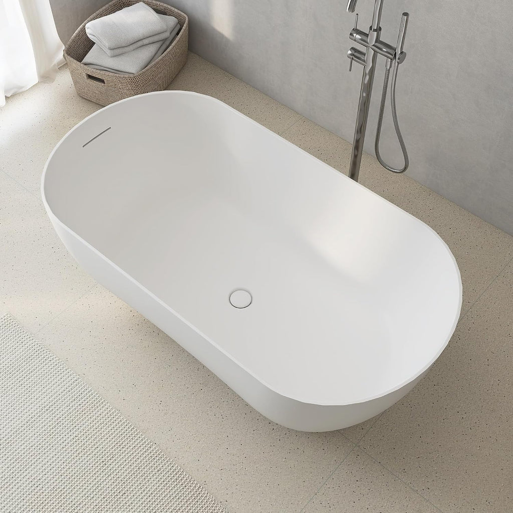 51' Stone Resin Freestanding Bathtub, Small Free Standing Tub, Solid Surface Bathroom Soaking Tub, Stand Alone Tubs with Integrated Slotted Overflow and Pop-up Drain, White 307-130