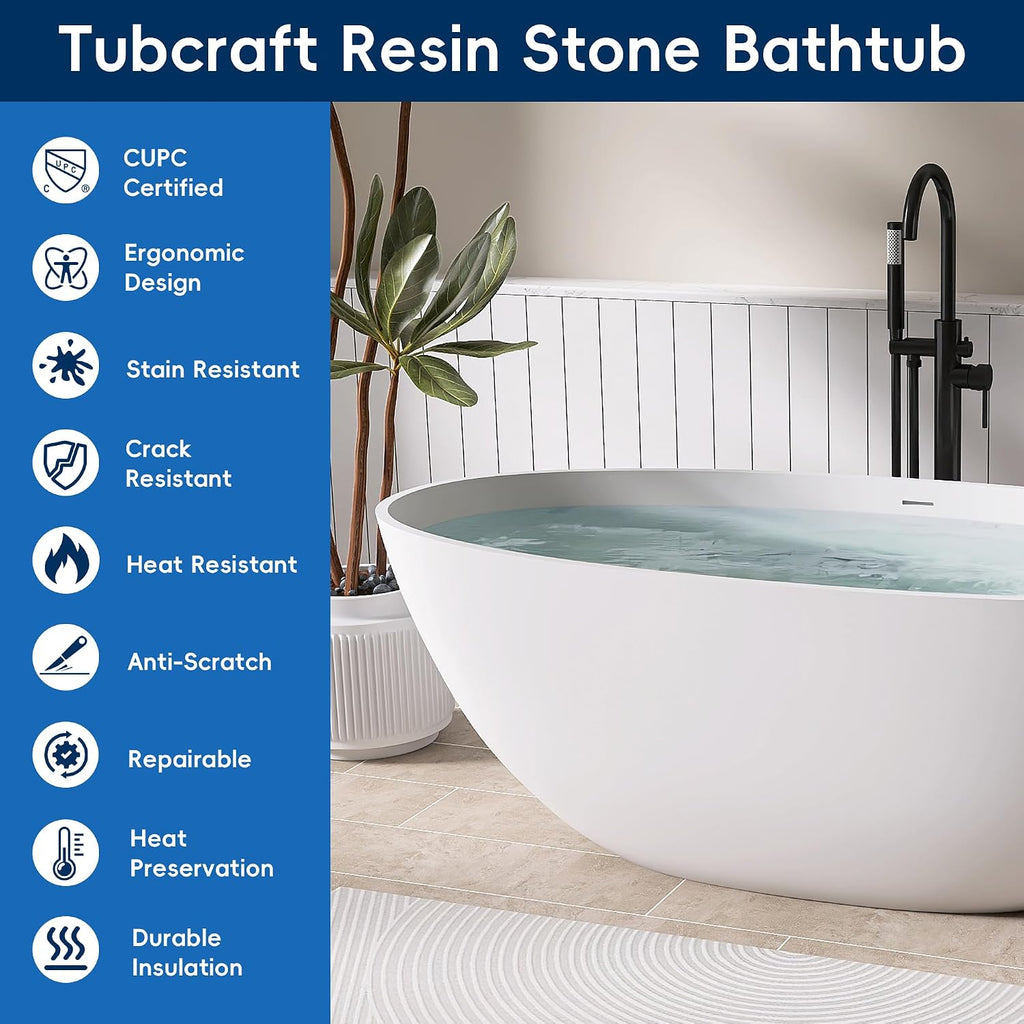 Oval 65' Freestanding Tub, Solid Surface Bathtub Matte White | Free stand Bathtub, Resin Stone Soaking Tub with Overflow and Pop-up Drain, Matte White
