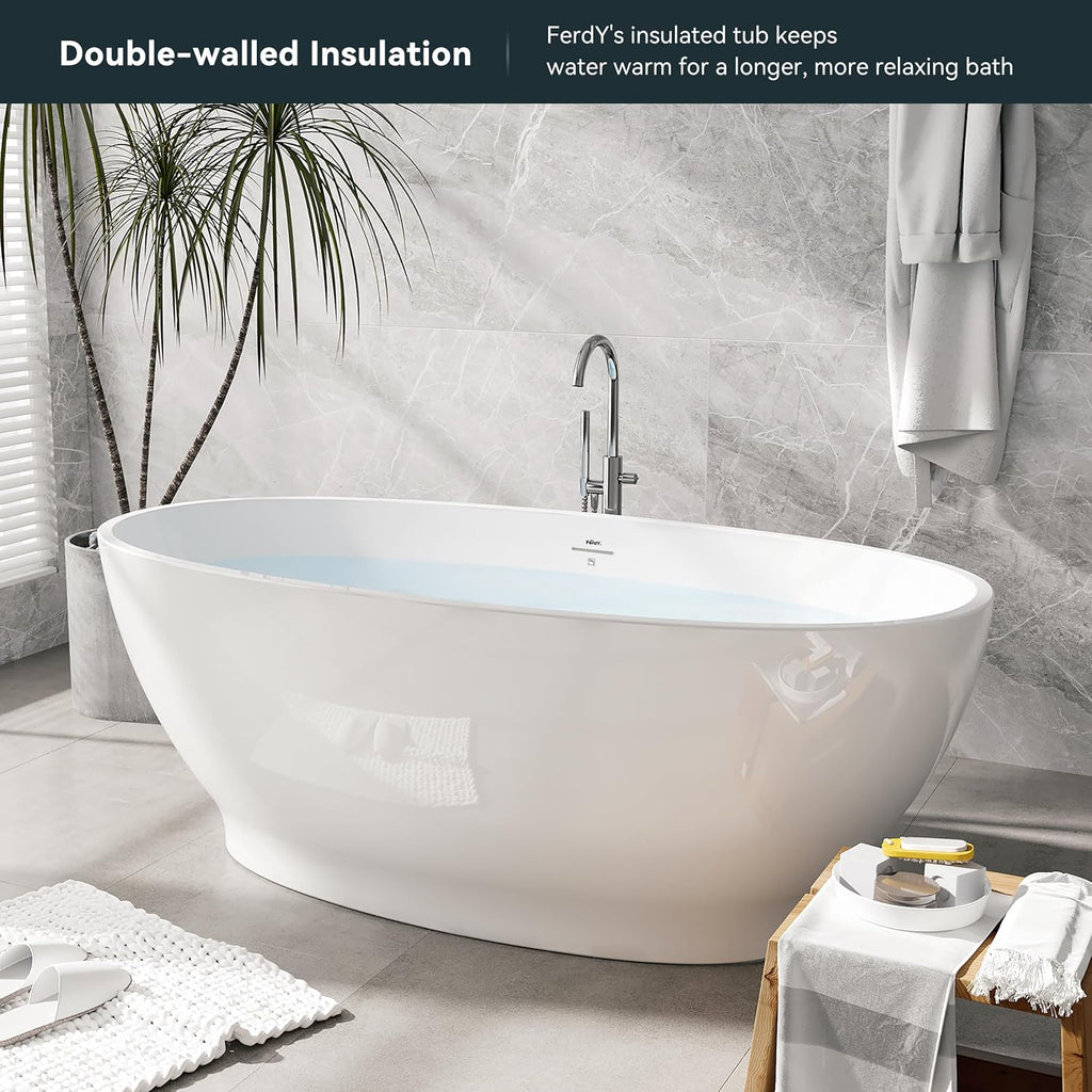 FerdY Koh Samui 65' Freestanding Bathtub, Elegant Oval Shape, Double Walled Insulation Bathtub with Center Brushed Nickel Drain& Bath Pillow for Bathtub,Thick Tub Pillows, Ergonomic Support