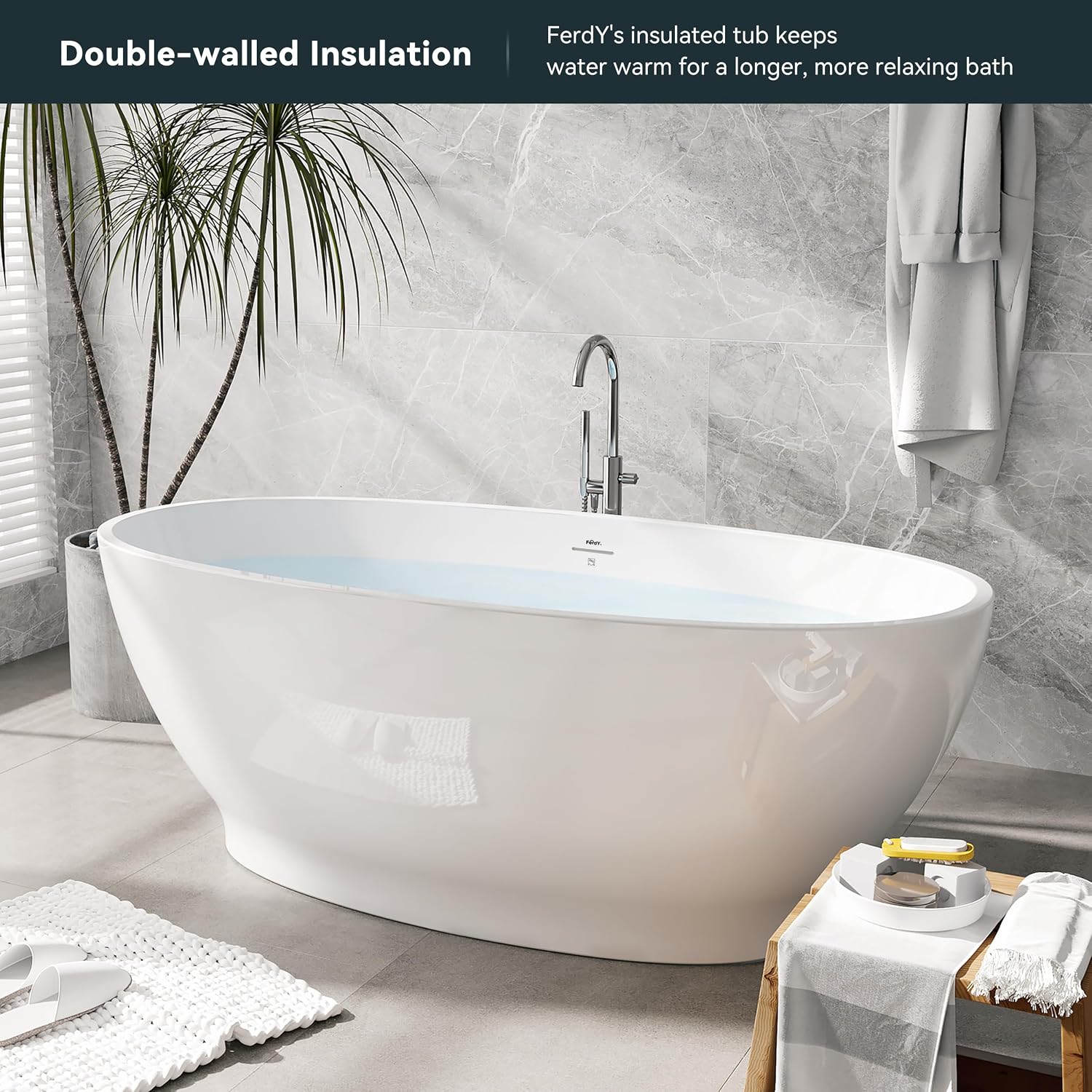 FerdY Koh Samui 65' Freestanding Bathtub, Elegant Oval Shape, Double Walled Insulation Bathtub with Center Brushed Nickel Drain& Bath Pillow for Bathtub,Thick Tub Pillows, Ergonomic Support