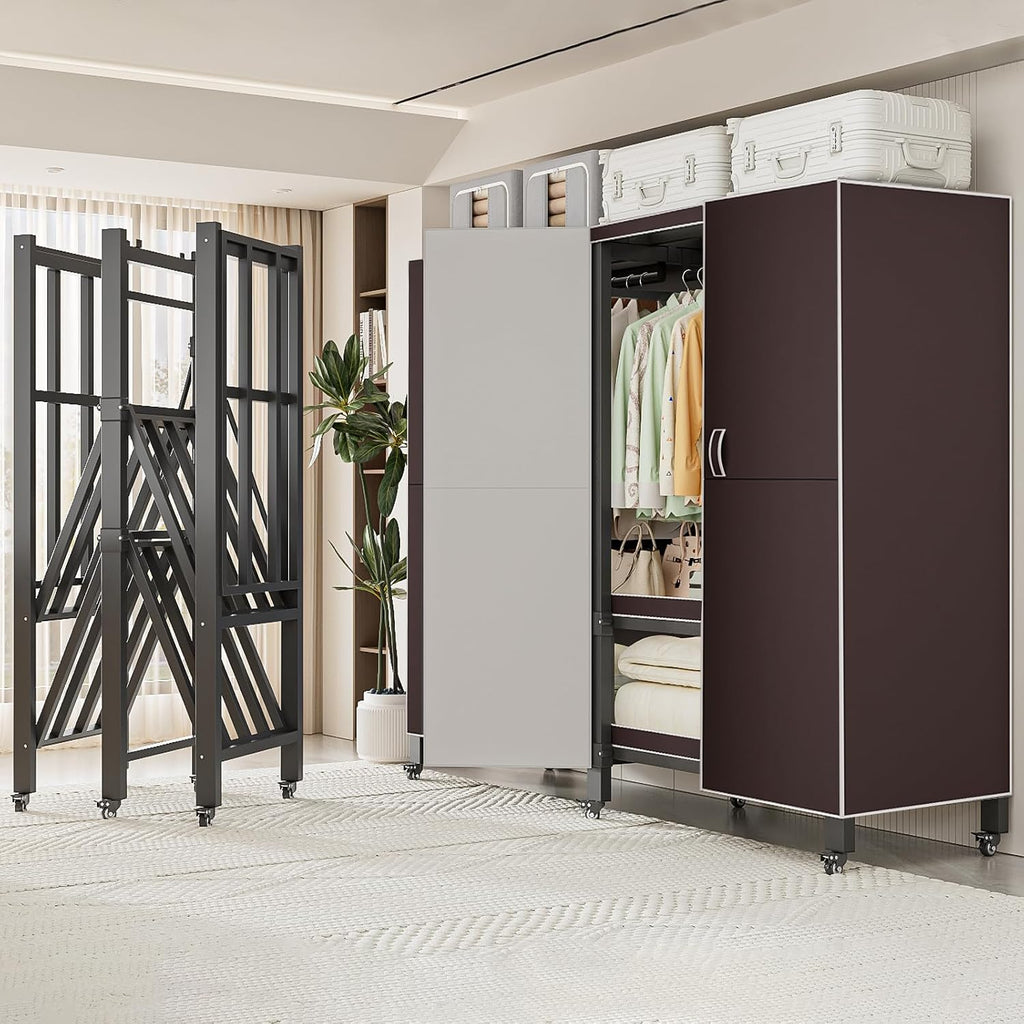 Heavy Duty Covered Clothes Rack with Magnetic Door Foldable Portable Wardrobe Closet for Hanging Clothing Rolling Black Metal Garment Rack on Wheels Closet System (Brown, 49.12in)