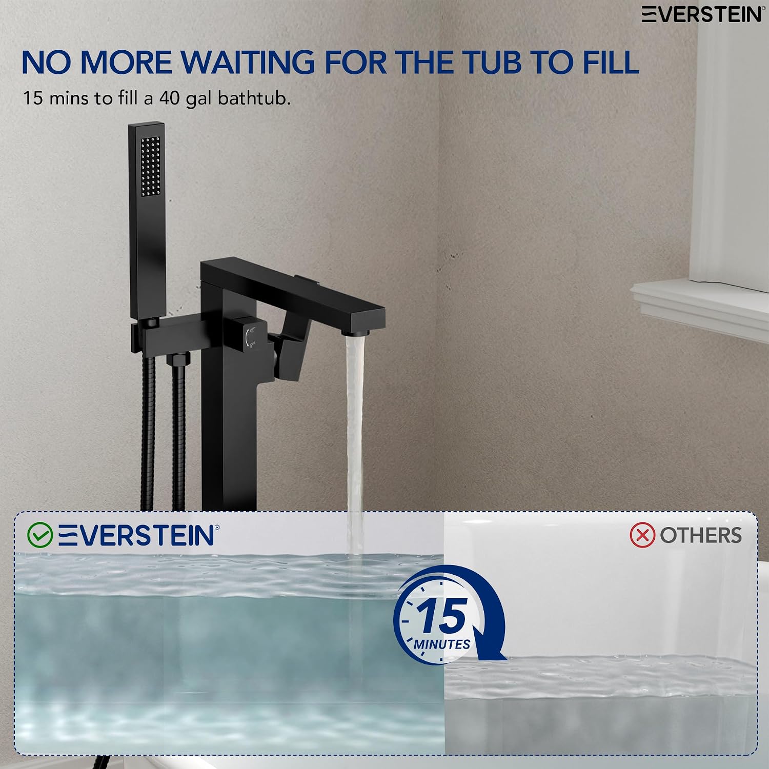 Freestanding Bathtub Faucet with Hand Held Shower, Floor Mount Tub Filler, Brass Bath Tub Faucet, Valve Included，Matte Black