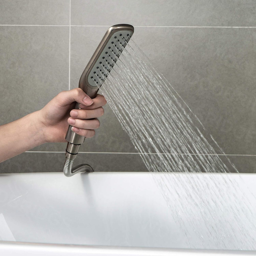 WOODBRIDGE High Flow Rate 8 GPM Freestanding Tub Filler Faucet with Hand Shower, Brushed Nickel,F0023BNSQ