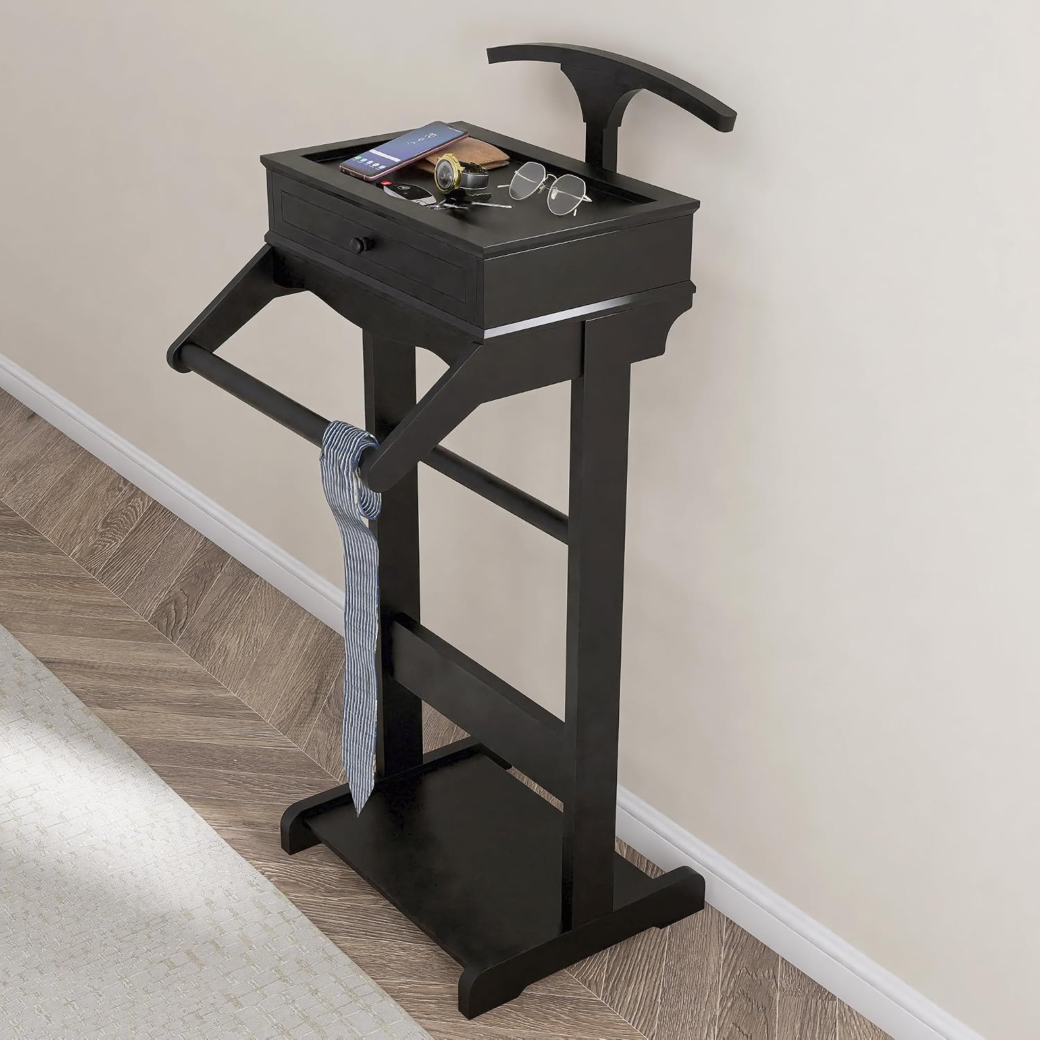 Clothes Valet Stand for Men, Wooden Clothing Rack with Drawer, Hanger, Tray, Drawer, Rods, Women Garment Valet for Bedroom, Living Room, Entryway, Office, Black