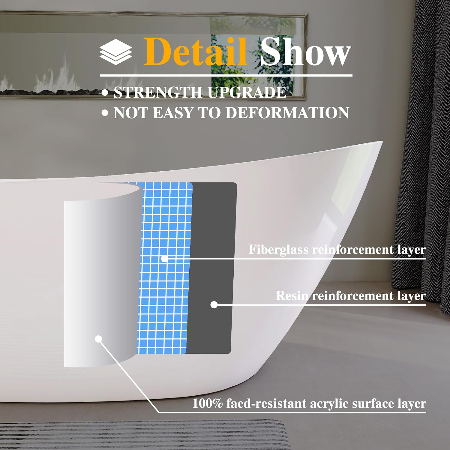 67' High-back Acrylic Tub, Freestanding Bathtubs, Soaking Tubs with Integrated Overflow and Drain, cUPC Certified