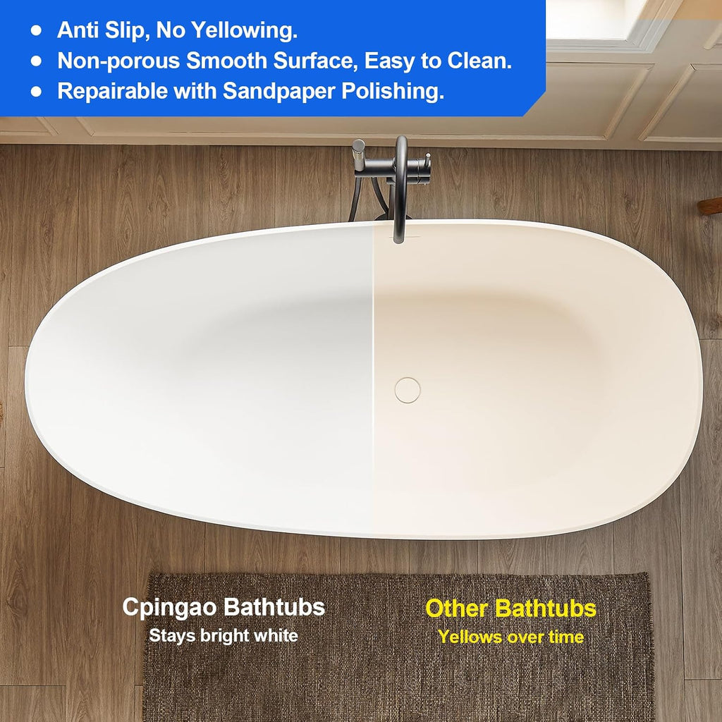 Cpingao 71' Solid Surface Bathtub, Stone Resin Freestanding Soak Tub for Bathroom, Non-Porous & Warm to Touch Surface, Matte White Deep Soaking Tub 8848-1800