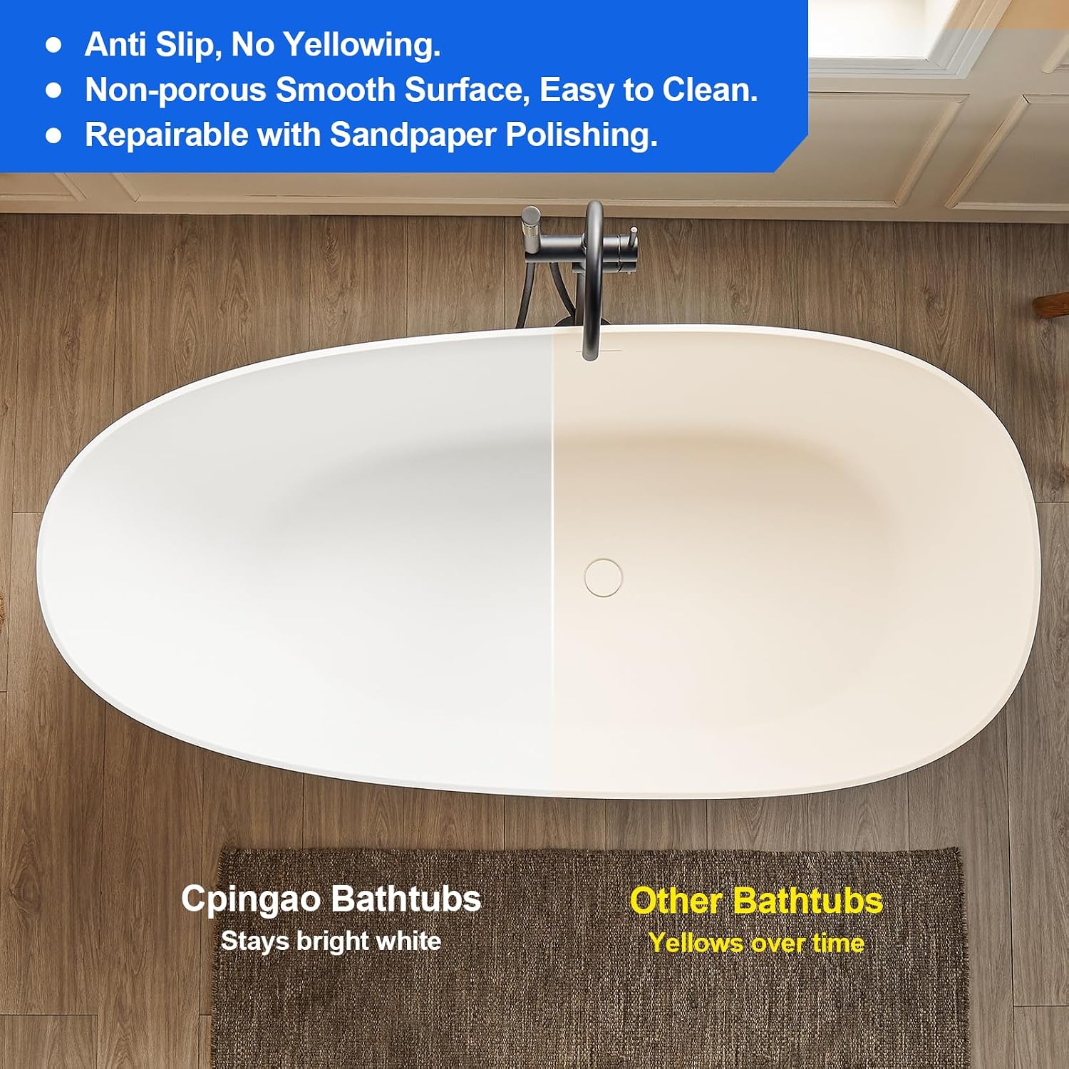 Cpingao 71' Solid Surface Bathtub, Stone Resin Freestanding Soak Tub for Bathroom, Non-Porous & Warm to Touch Surface, Matte White Deep Soaking Tub 8848-1800