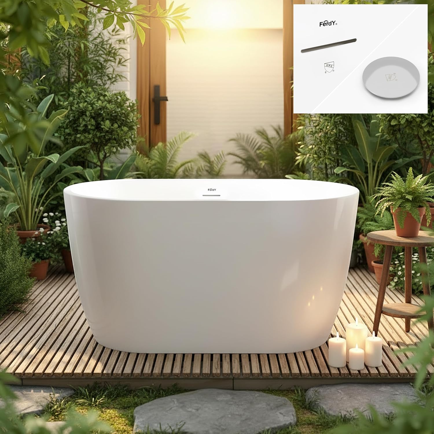 FerdY 47' Acrylic Freestanding Bathtub, Contemporary Soaking tub with Chrome Drain & Overflow, Elegant Oval Shape, cUPC Certified, Bali