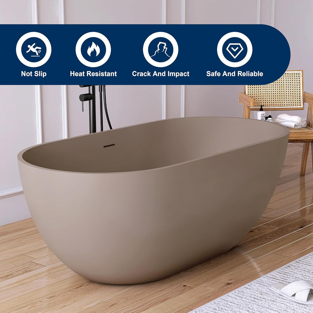 59' Freestanding Bathtub Tubs Resin Stone, Solid Surface Free Standing Tub, Oval Sorker Tub Bathtubs with Overflow and Pop up Drain, Brown