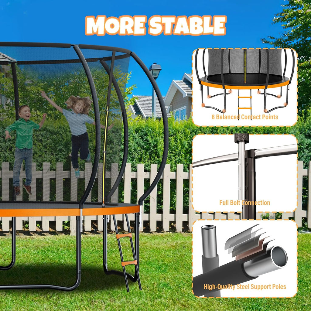 Kiivakii Trampoline 12 14 16FT, Outdoor Big Trampolines for Kids and Adults, Recreational Trampolines with Basketball Hoop and Stakes, Big Round Trampoline with Sprinkler for Backyard