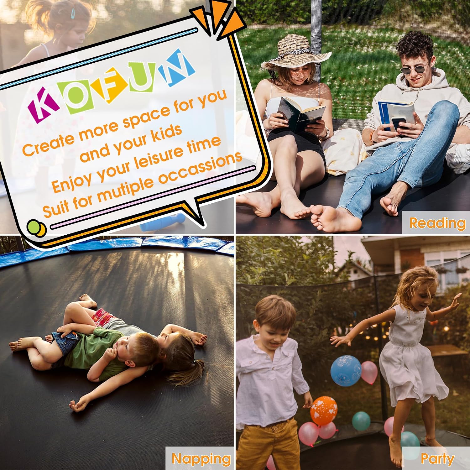 KOFUN 1500LBS 10/12/14FT Tranpoline Outdoor for Kids and Adults, Tranpolines with Net, Ladder, Recreational Tranpoline with Basketball Hoop Easy to Assemble - Curved Poles Larger Room, ASTM Approval