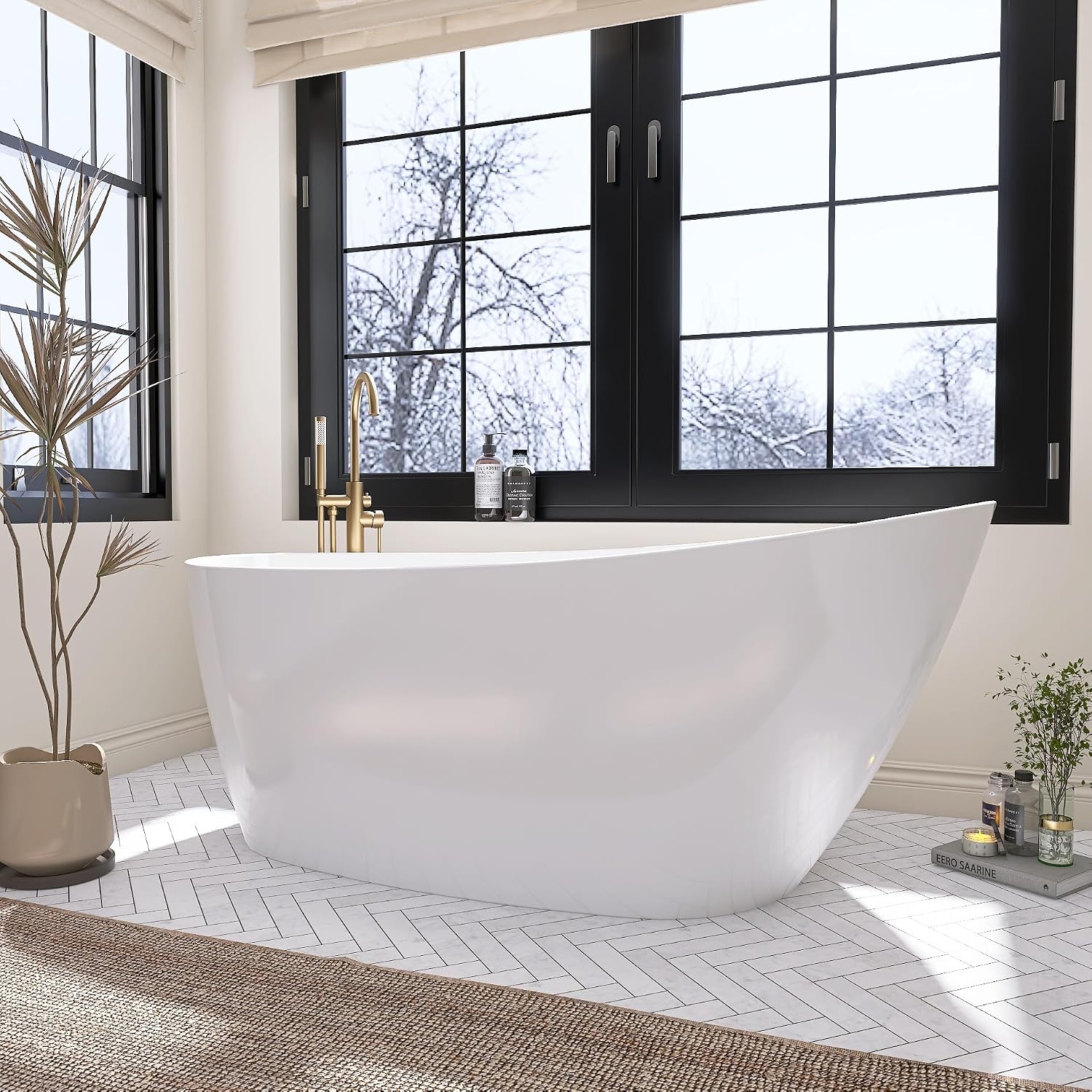59' Free Standing Tub, Pure Acrylic Freestanding Bathtub, Stylish Stand Alone Contemporary Deep Soaking Bath Tub, cUPC Certified SY9950 (Glossy White)