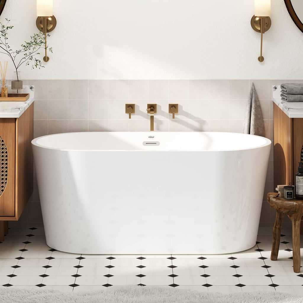 FerdY Luzon 55' Acrylic Freestanding Bathtub, Classic Oval Shape Soaking Bathtub with Toe-Tap Chrome Drain & Bath Pillow for Bathtub,Thick Tub Pillows, Breathable 4D Air Mesh