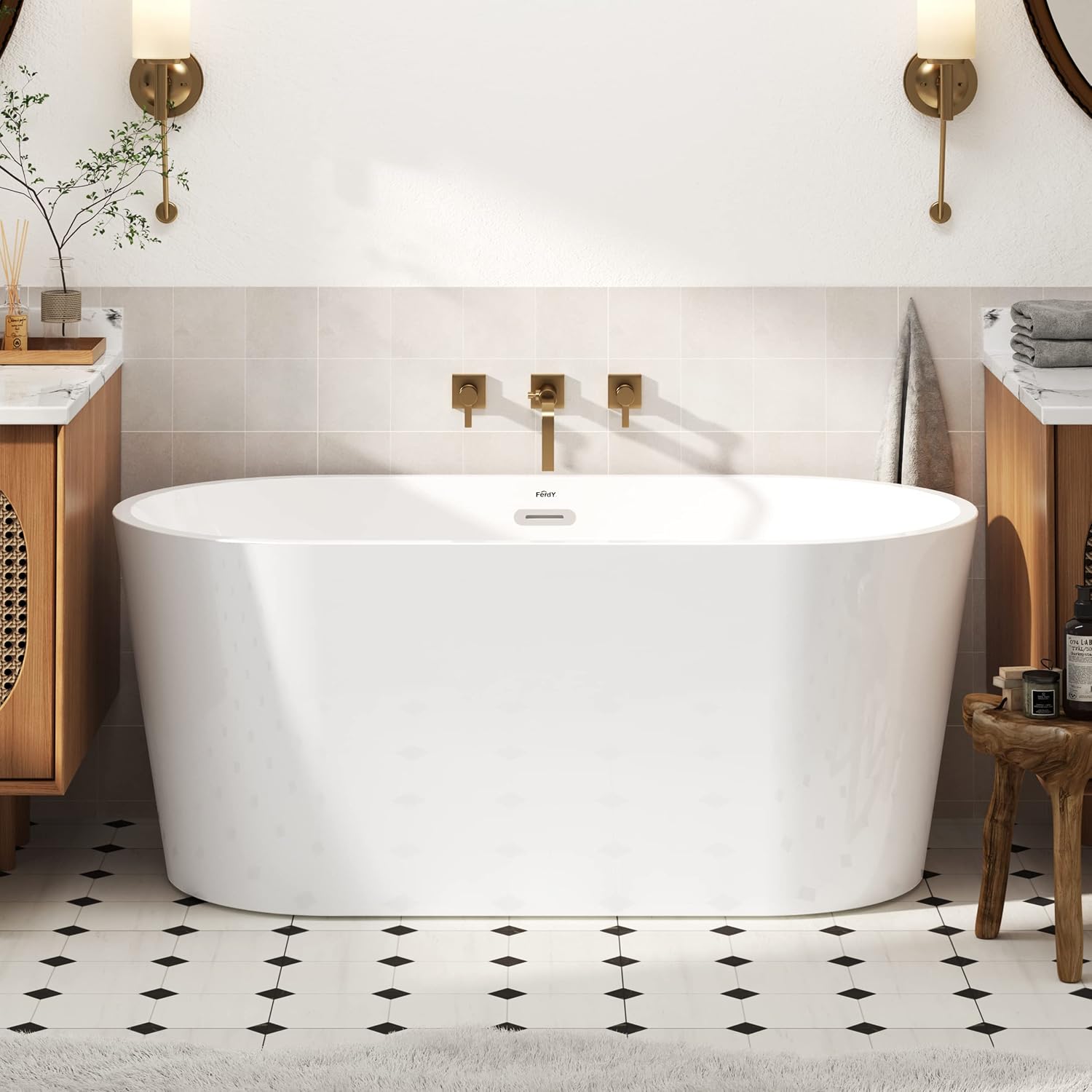 FerdY Luzon 55' Acrylic Freestanding Bathtub, Classic Oval Shape Soaking Bathtub with Toe-Tap Chrome Drain & Bath Pillow for Bathtub,Thick Tub Pillows, Breathable 4D Air Mesh