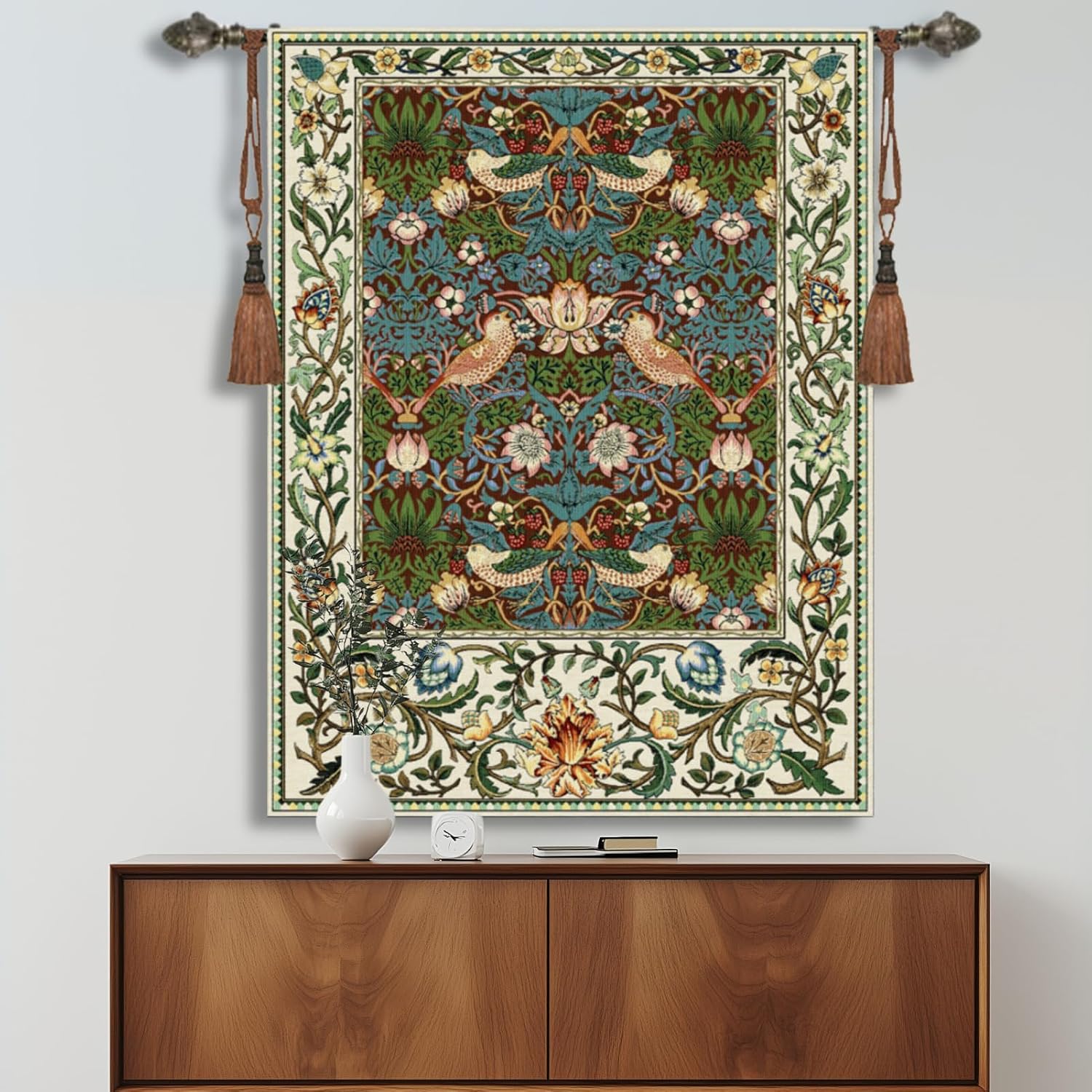 Vintage Medieval Tapestry, William Morris Birds and Flowers, Jacquard Woven Tapestry Wall Hanging for Living Room (Brown)