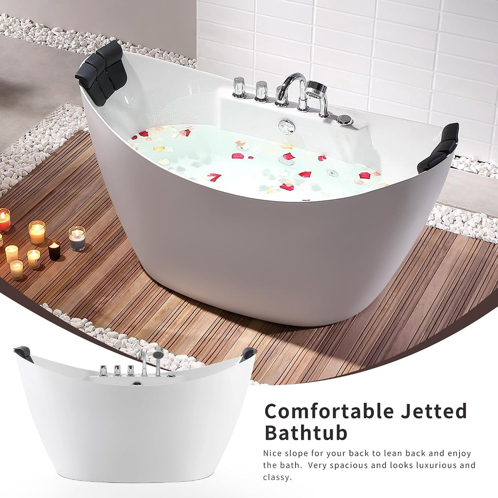 Empava 59' Freestanding Whirlpool Tub with Center Drain,Stand Alone Bathtub with 8 Hydromassage Jets, Boat-Shaped Design,Acrylic,ETL Certificated
