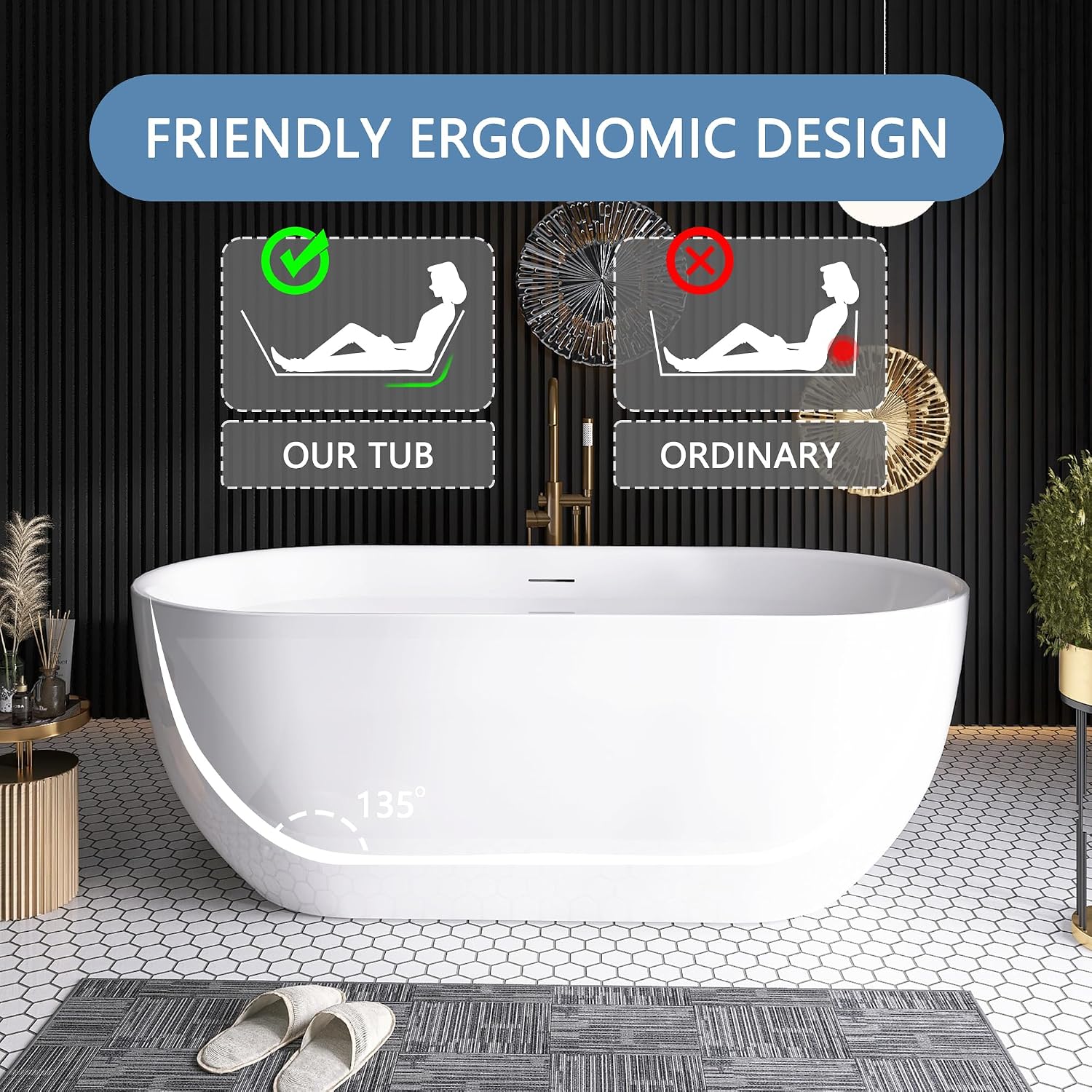 59' Free Standing Tub, Pure Acrylic Freestanding Bathtub, Stylish Stand Alone Contemporary Deep Soaking Bath Tub, cUPC Certified SY6850 (Glossy White)