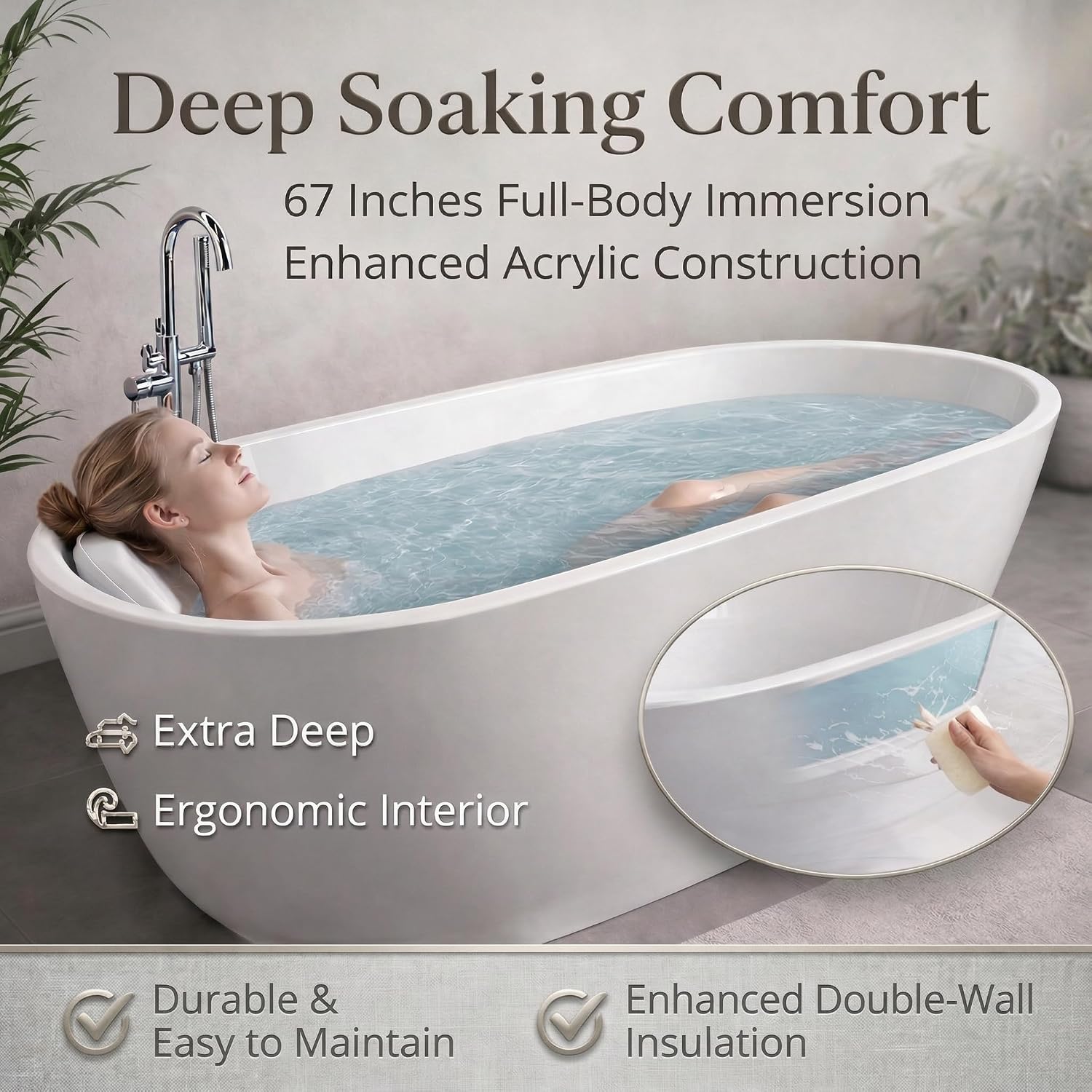 67' Freestanding Bathtub, Deep Soaking Acrylic Tub, Non-Slip Acrylic Tub with Chrome Drain, CUPC Certified, Ergonomic Modern Bath for Bathrooms, Easy-Install