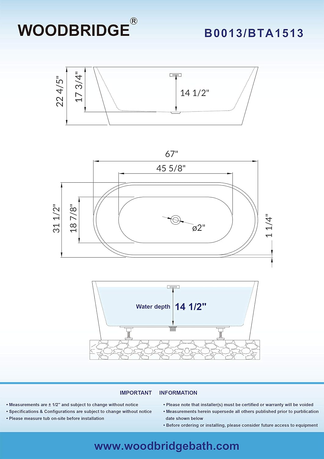 WOODBRIDGE 67' Acrylic Freestanding Bathtub Contemporary Soaking White Tub with Brushed Gold Overflow and Drain，B0013 -BG-Drain &O