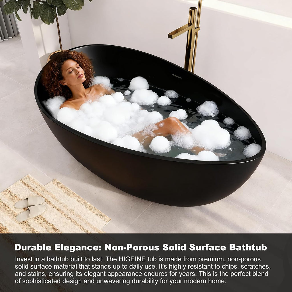 63' Premium Solid Surface Freestanding Bathtub, Contemporary Design Stand Alone Stone Resin Tub with Overflow and Pop-up Drain, Matte Black