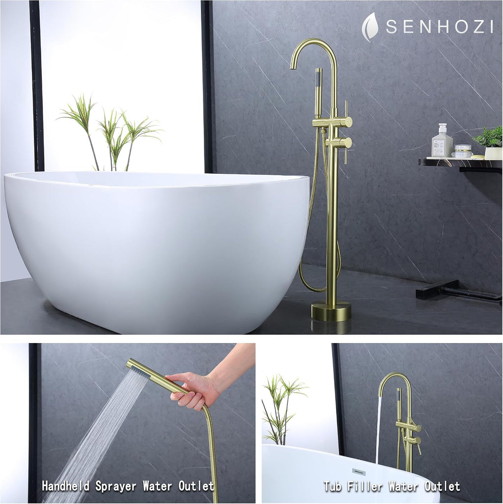 Freestanding Tub Faucet Floor Mount Tub Fillers, Senhozi Brushed Gold Free Standing Tub Faucets, Mixer Tap Two Handle Gold Freestanding Bathtub Faucet with Hand Shower, SE-3001-BG