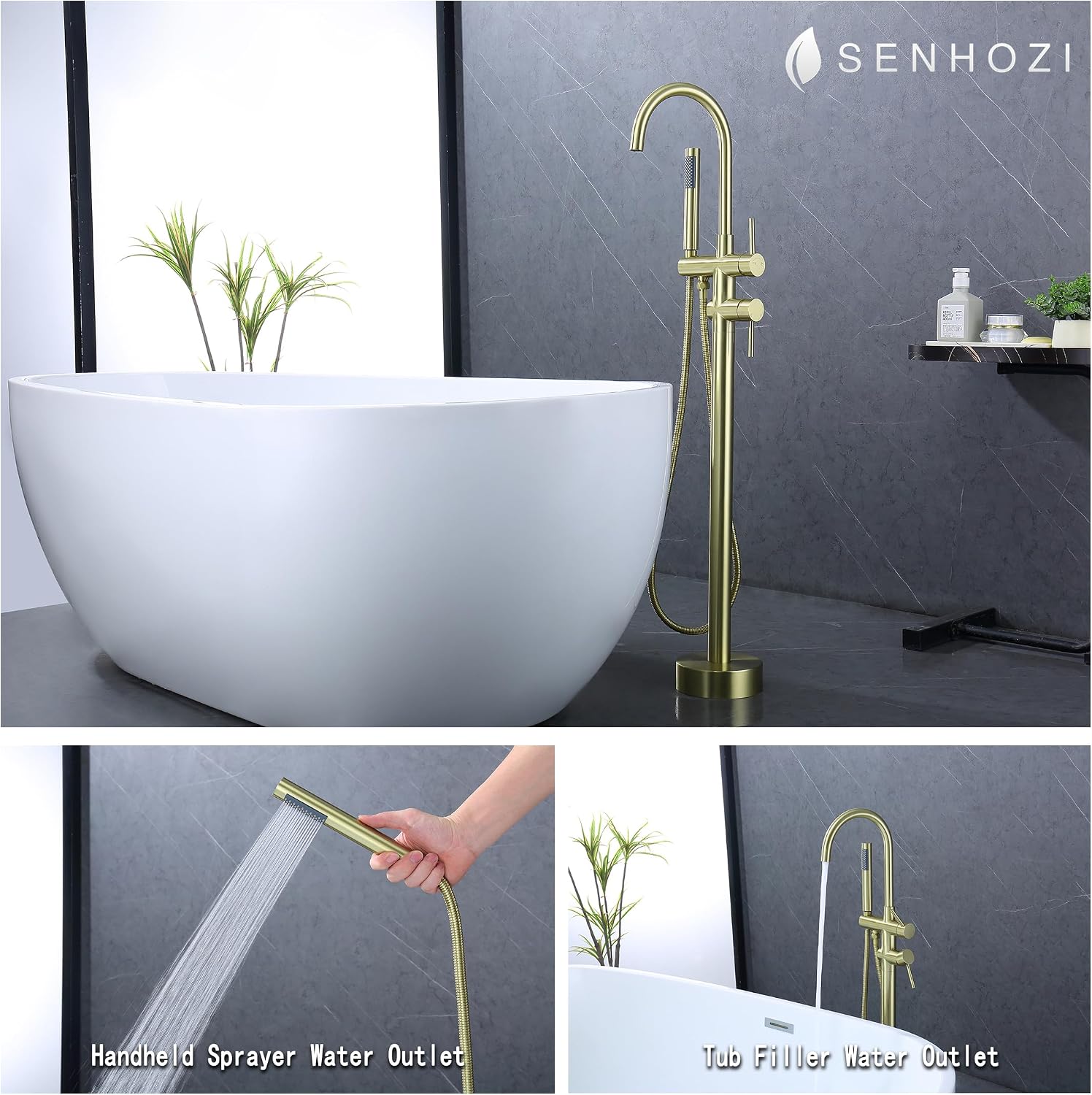 Freestanding Tub Faucet Floor Mount Tub Fillers, Senhozi Brushed Gold Free Standing Tub Faucets, Mixer Tap Two Handle Gold Freestanding Bathtub Faucet with Hand Shower, SE-3001-BG