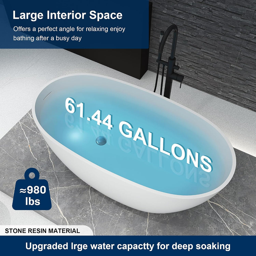 51' Stone Resin Freestanding Bathtub, Modern Oval Solid Surface Soaking Tub, Solid Surface Stand Alone Bathtub with Drain & Integrated Slotted Overflow Matte White AM303-1300