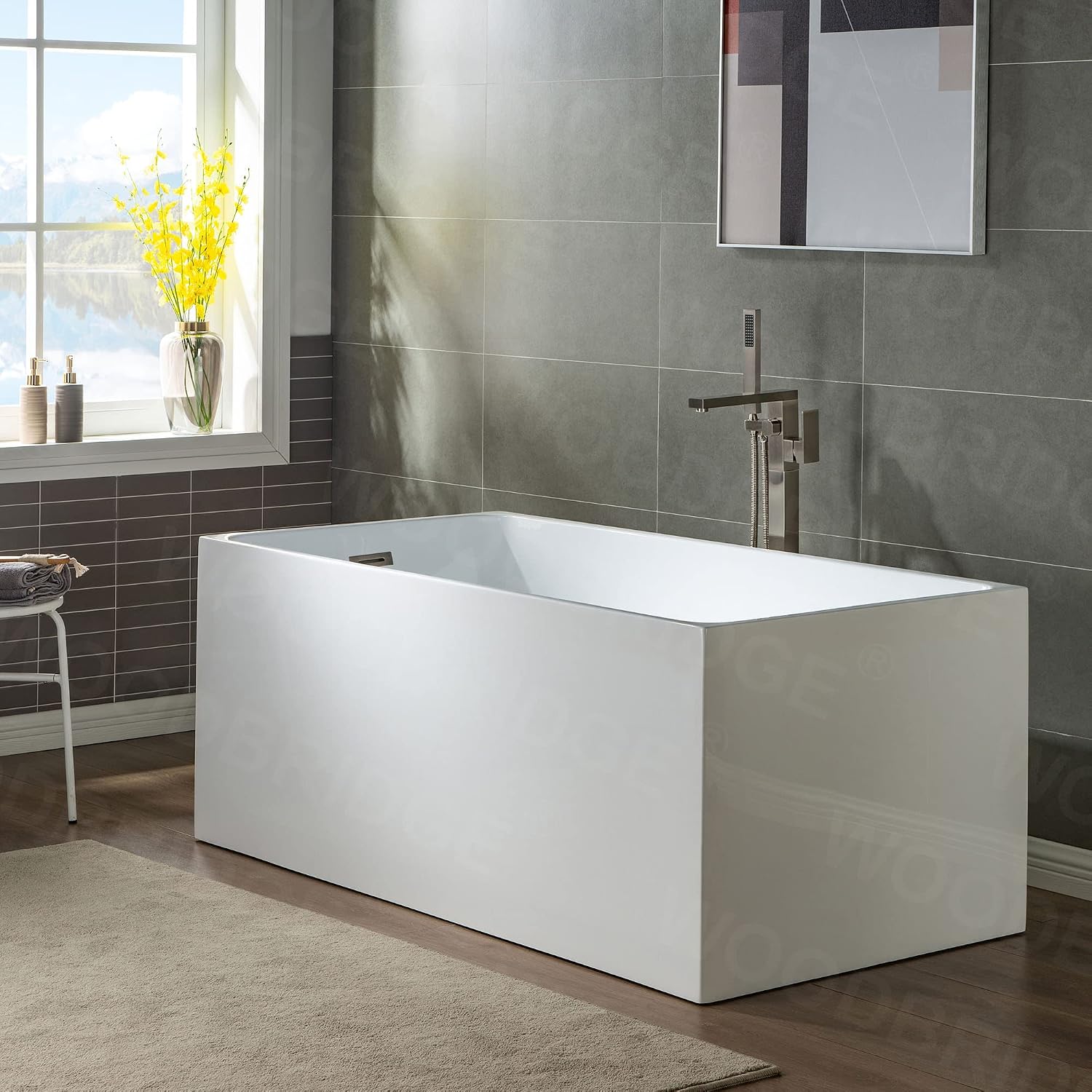 Woodbridge Brushed Nickel Freestanding Tub Filler Single Handle Floor Mounted Faucets with Handheld Shower. Square Design
