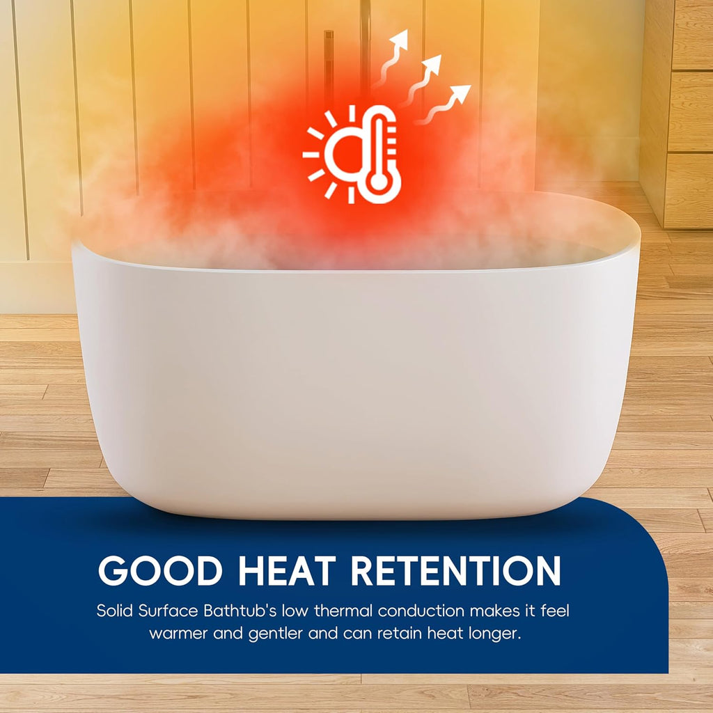 47' Stone Resin Freestanding Bathtub, Oval Solid Surface Bathroom Freestanding Tub, Thin Edge Stand Alone Tub with Integrated Slotted Overflow and Pop-up Drain, Matte White AMG025-1200