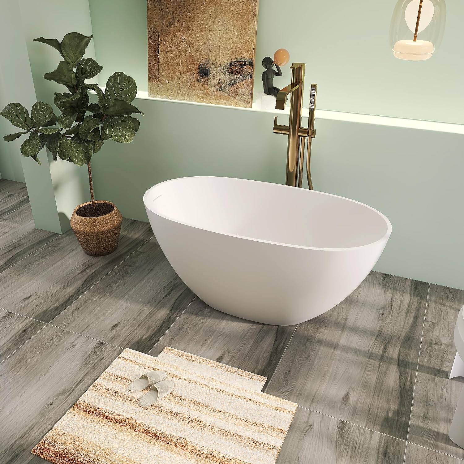 51' Premium Solid Surface Freestanding Bathtubs, Unique Oval Stone Resin Bath Tub with Overflow and Pop-up Drain, Matte White