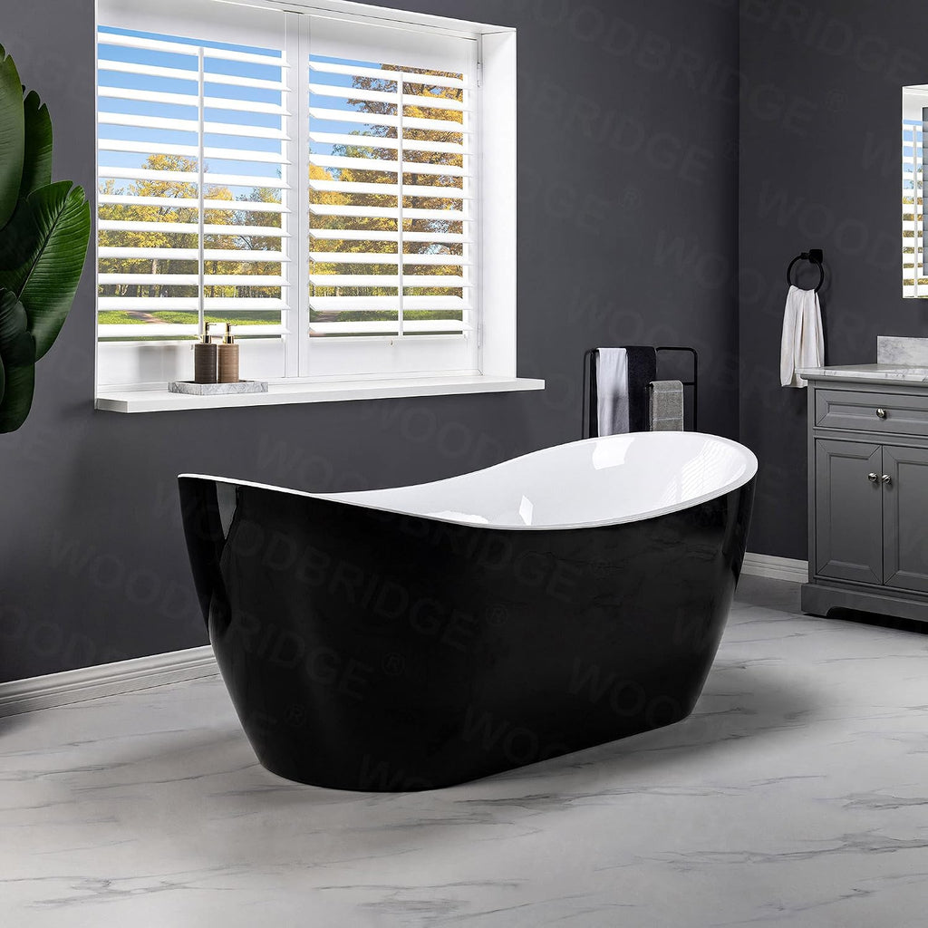 WOODBRIDGE 71' Acrylic Freestanding Bathtub Contemporary Soaking Black Tub with Matte Black Overflow and Drain,Black,B1817-MB