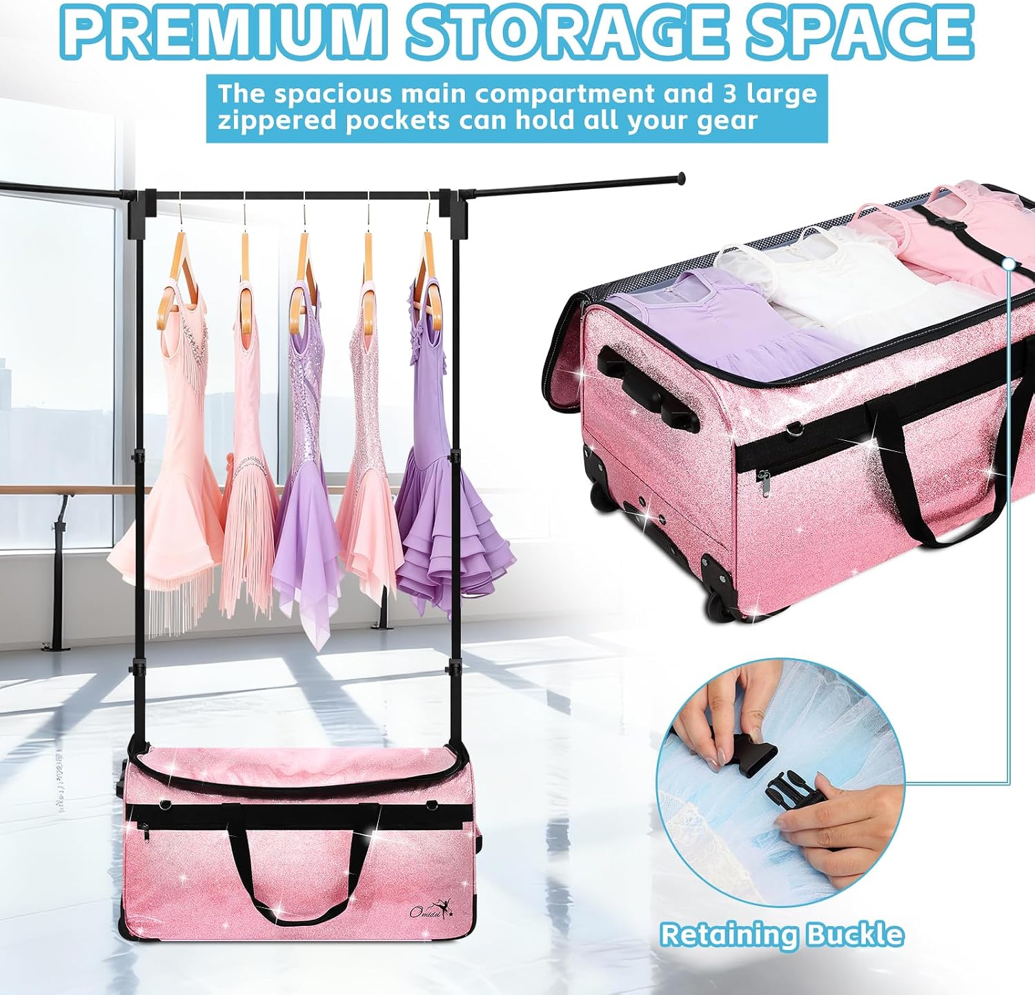 Dance Bag with Garment Rack and Curtain | 28' Sparkling Dance Competition Duffle Bag with Rack & Wheels | Upgraded Stable System | Ideal Rolling Dance Suitcase for Dancer Cheerleader Gymnast Traveler