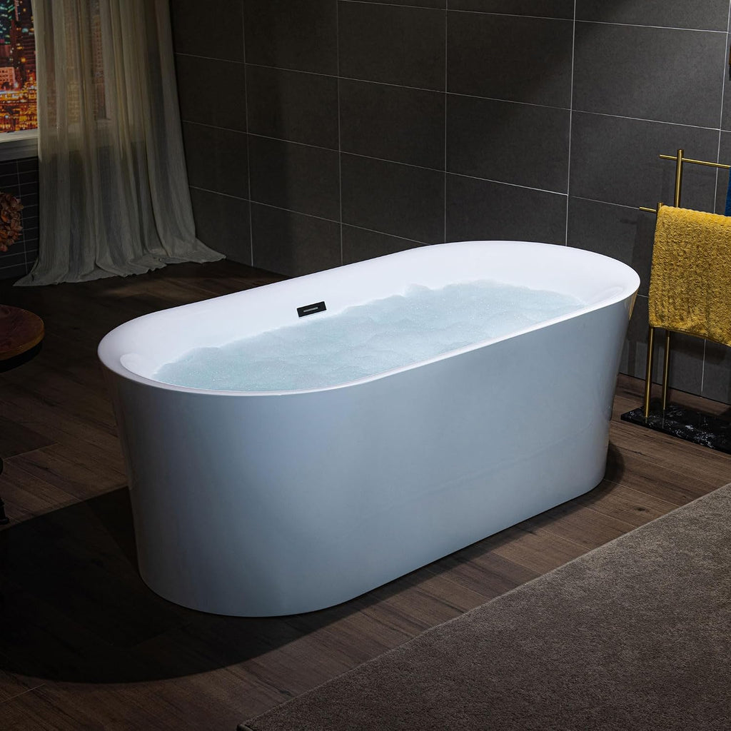 WOODBRIDGE 67' Acrylic Freestanding Bathtub Contemporary Soaking Tub with Matte Black Overflow and Drain,White Tub
