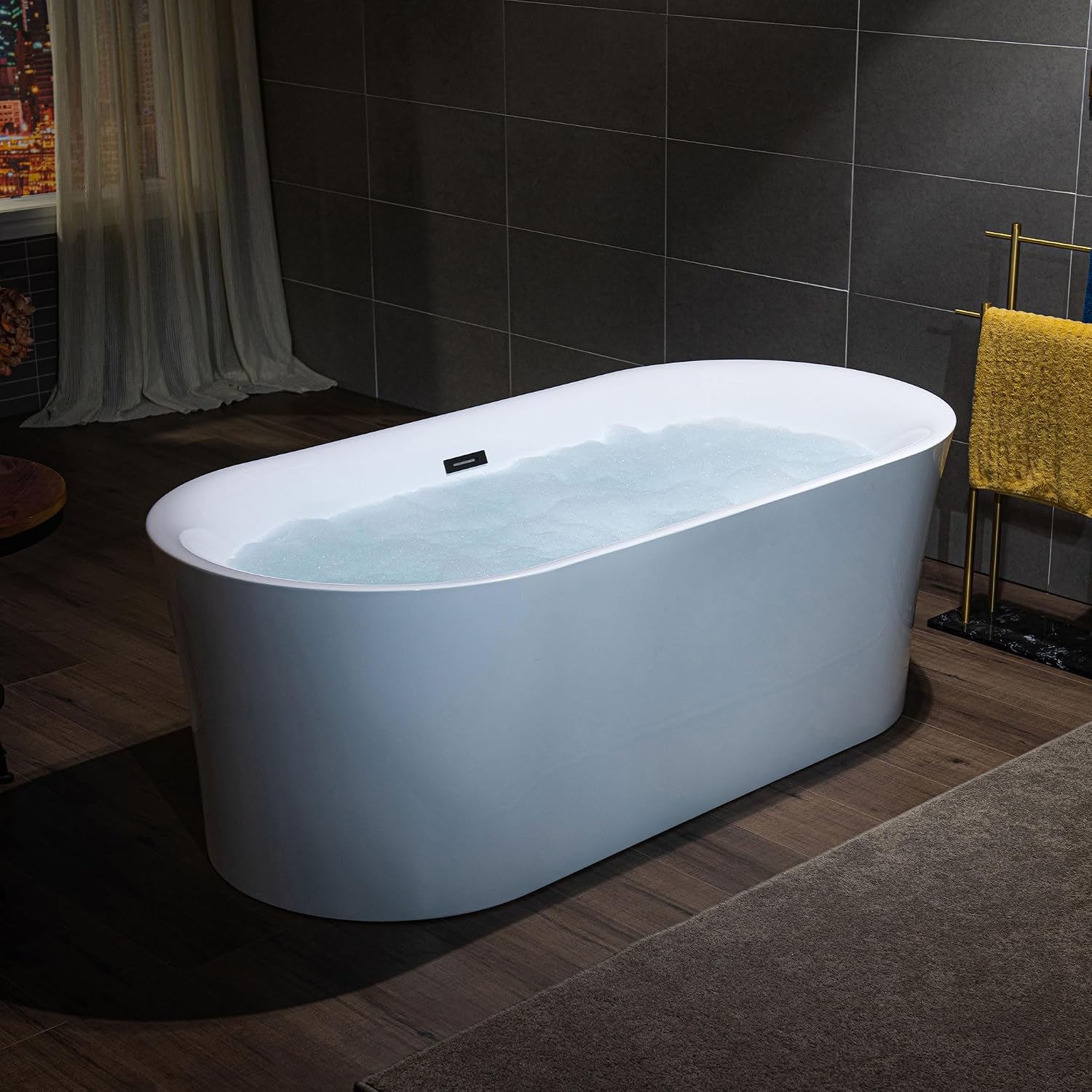 WOODBRIDGE 67' Acrylic Freestanding Bathtub Contemporary Soaking Tub with Matte Black Overflow and Drain,White Tub