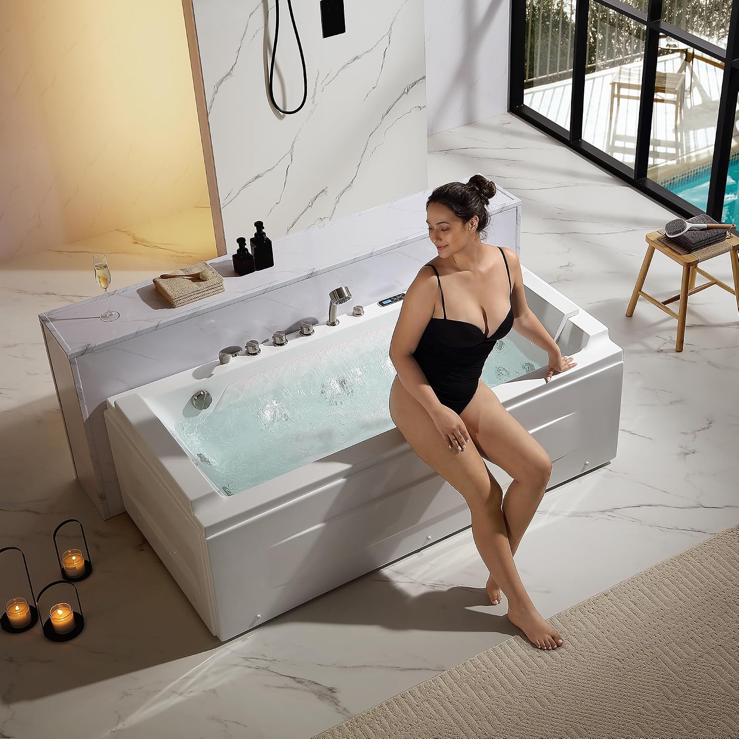 Empava Acrylic Whirlpool Bathtub, 71-Inch Jetted Bathtub with Healing Chromotherapy, Heated tub with LED Control Panel, Comforting Hydro Massage Tub with Waterfall, Brushed Nickel Hardware and Nozzles
