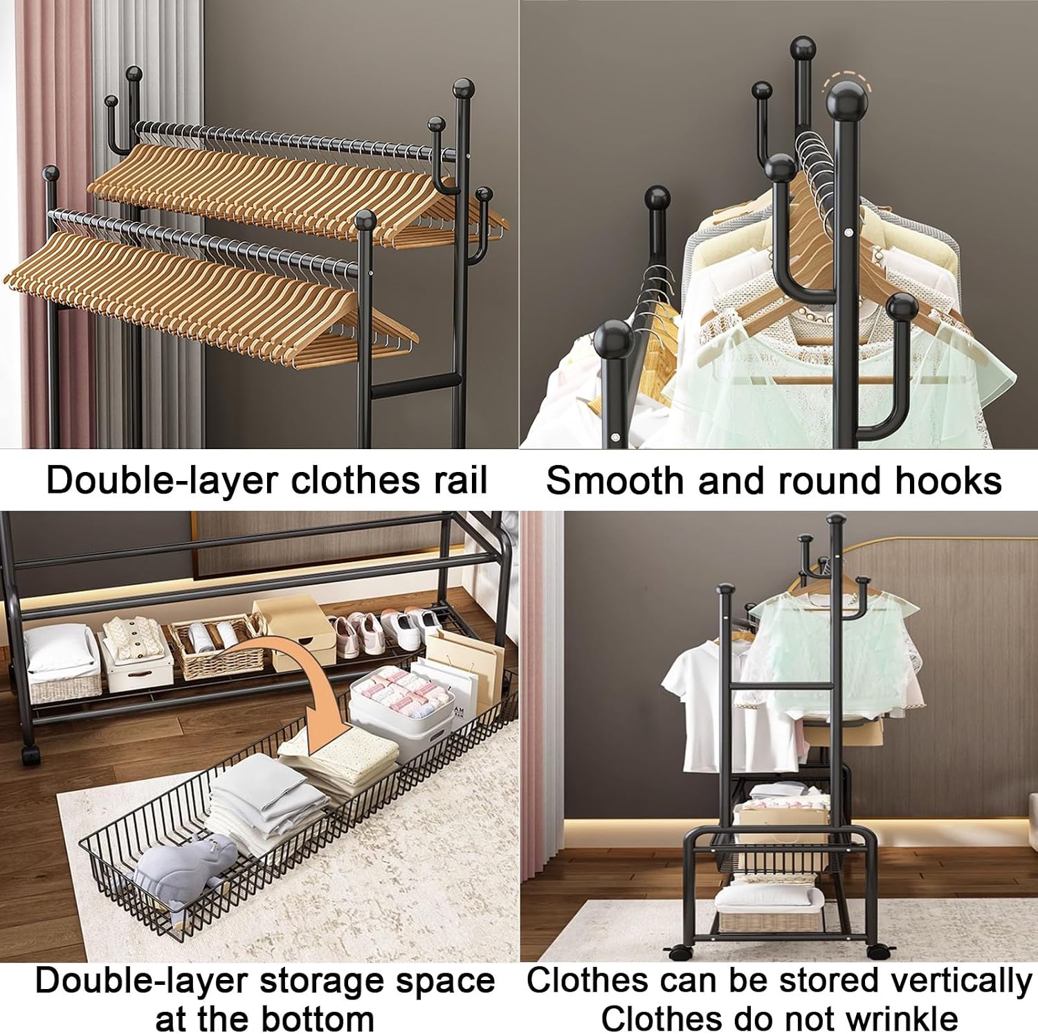 Portable Clothes Rack For Hanging Clothes,Metal Garment Rack With Storage Shelves And Coat/Hat Hooks,Freestanding Clothing Organizer,For Bedroom Living Room,Black/Gold(Black,100cm(39.4in))